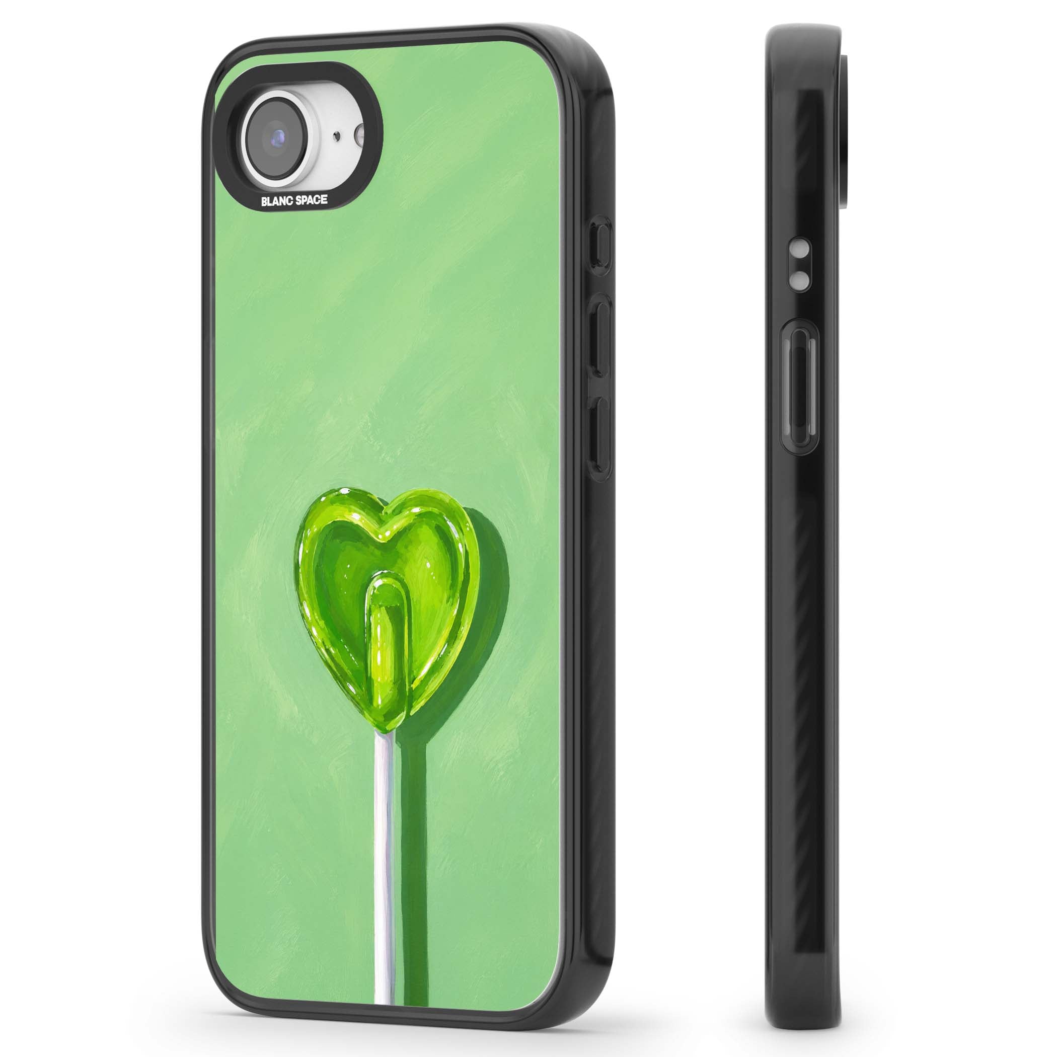 Green Lollipop candy art iPhone case featuring a glossy green heart-shaped lollipop on a painted pastel green background | Black Impact Magsafe case for iPhone 16e, iPhone 17e