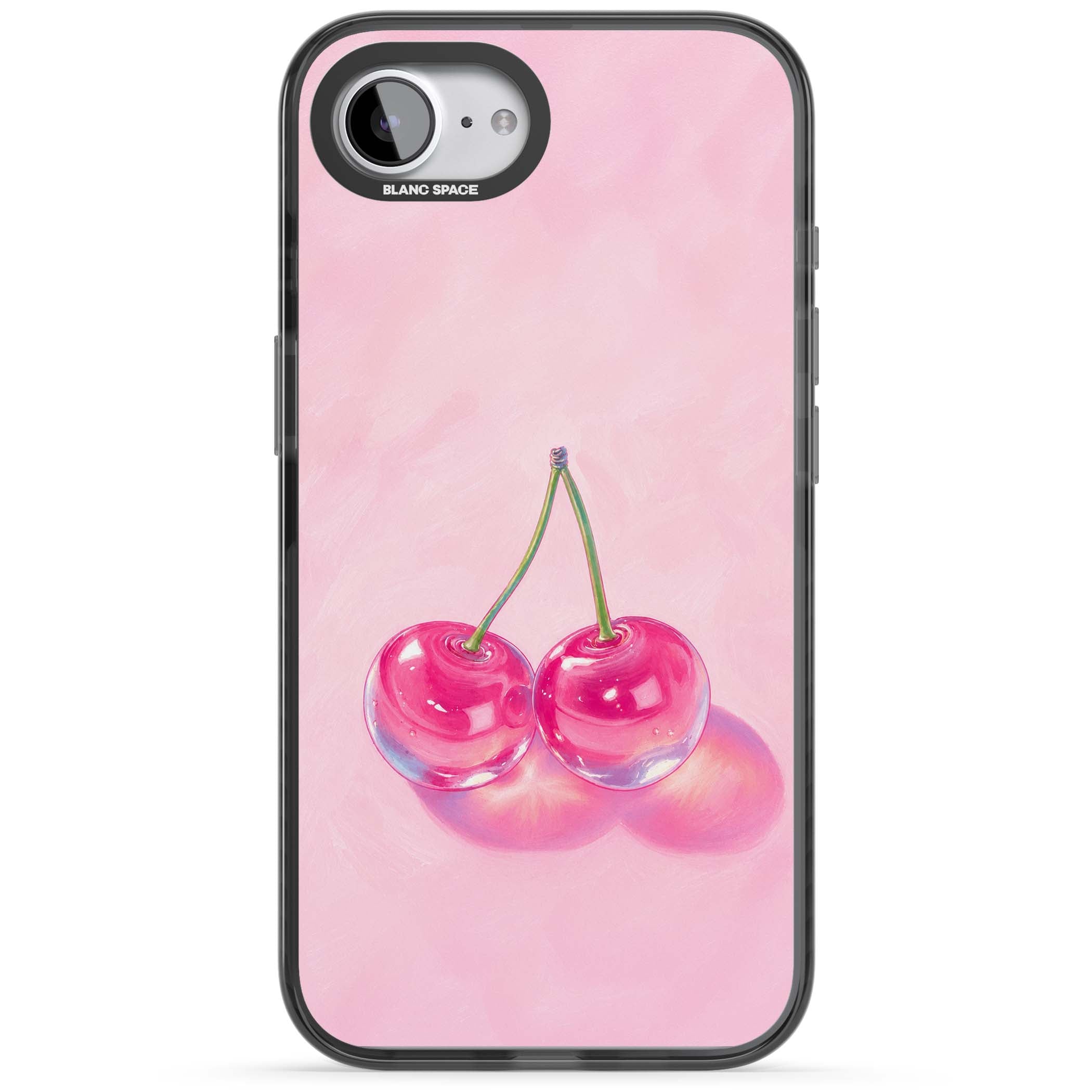 Pink Glass Cherry coquette iPhone case featuring two glossy painted cherries on a soft pink background | Black Impact Magsafe case for iPhone 16e, iPhone 17e