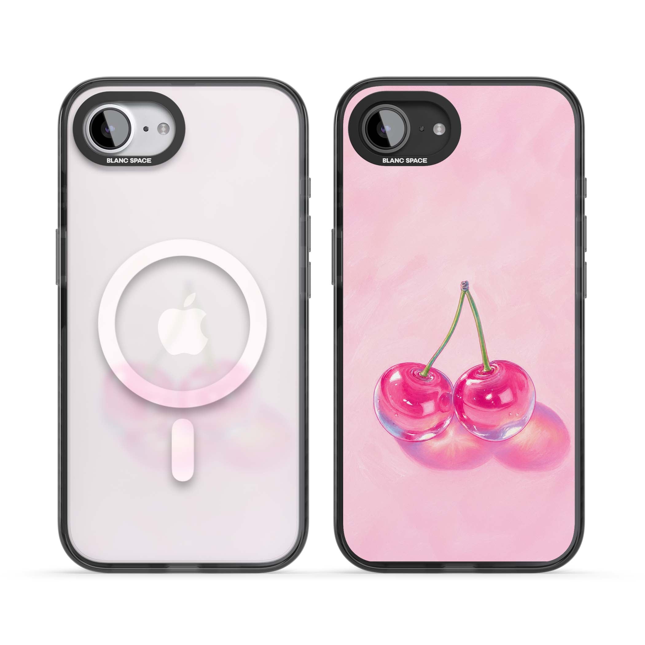 Pink Glass Cherry coquette iPhone case featuring two glossy painted cherries on a soft pink background | Black Impact Magsafe case for iPhone 16e, iPhone 17e