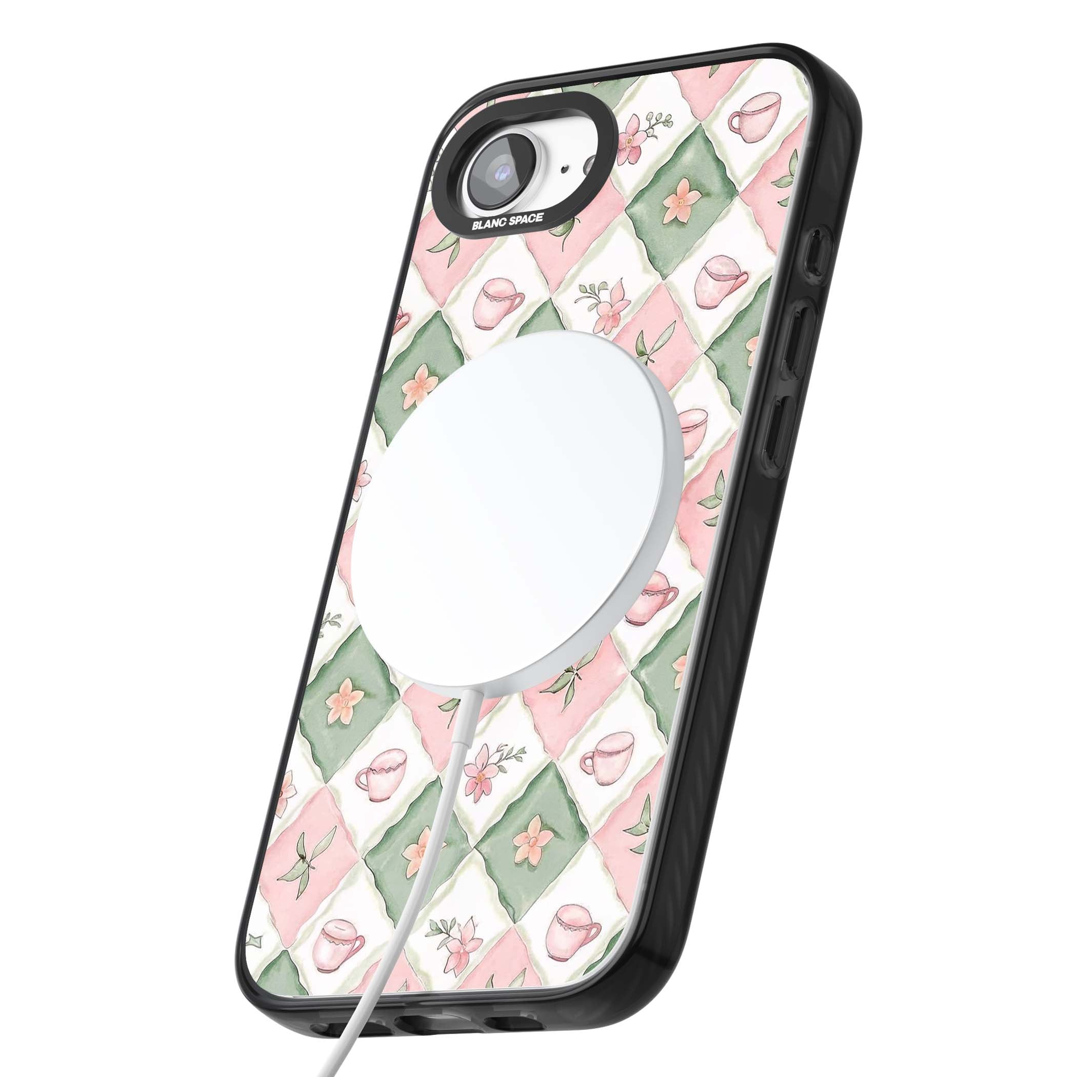 Garden Tea Party coquette iPhone case with pink and green checkered pattern, watercolour teacups and wildflowers | Black Impact Magsafe case for iPhone 16e, iPhone 17e