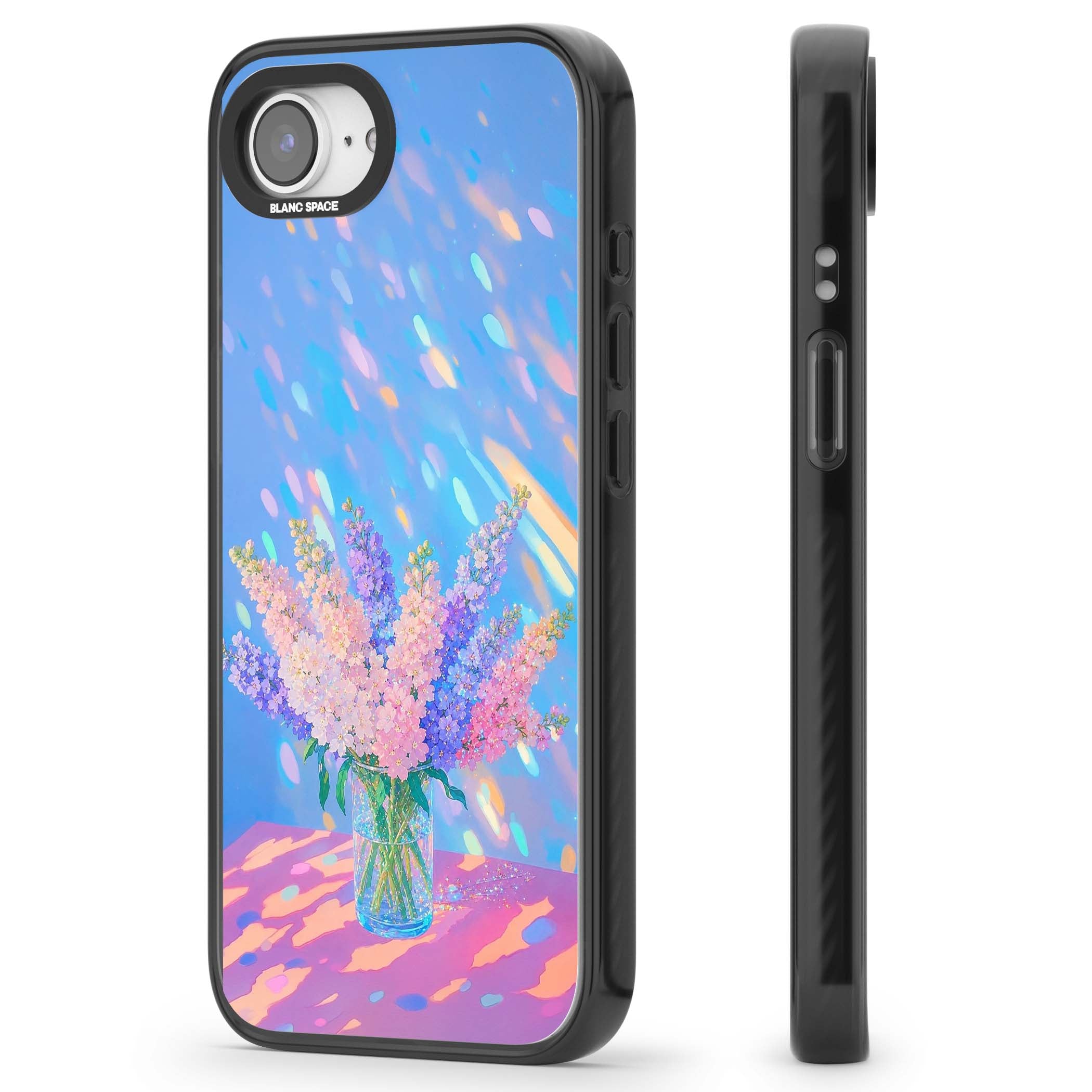 Bubblegum Flowers floral iPhone case featuring pastel lilac and pink bouquet in a glass vase with iridescent light | Black Impact Magsafe case for iPhone 16e, iPhone 17e