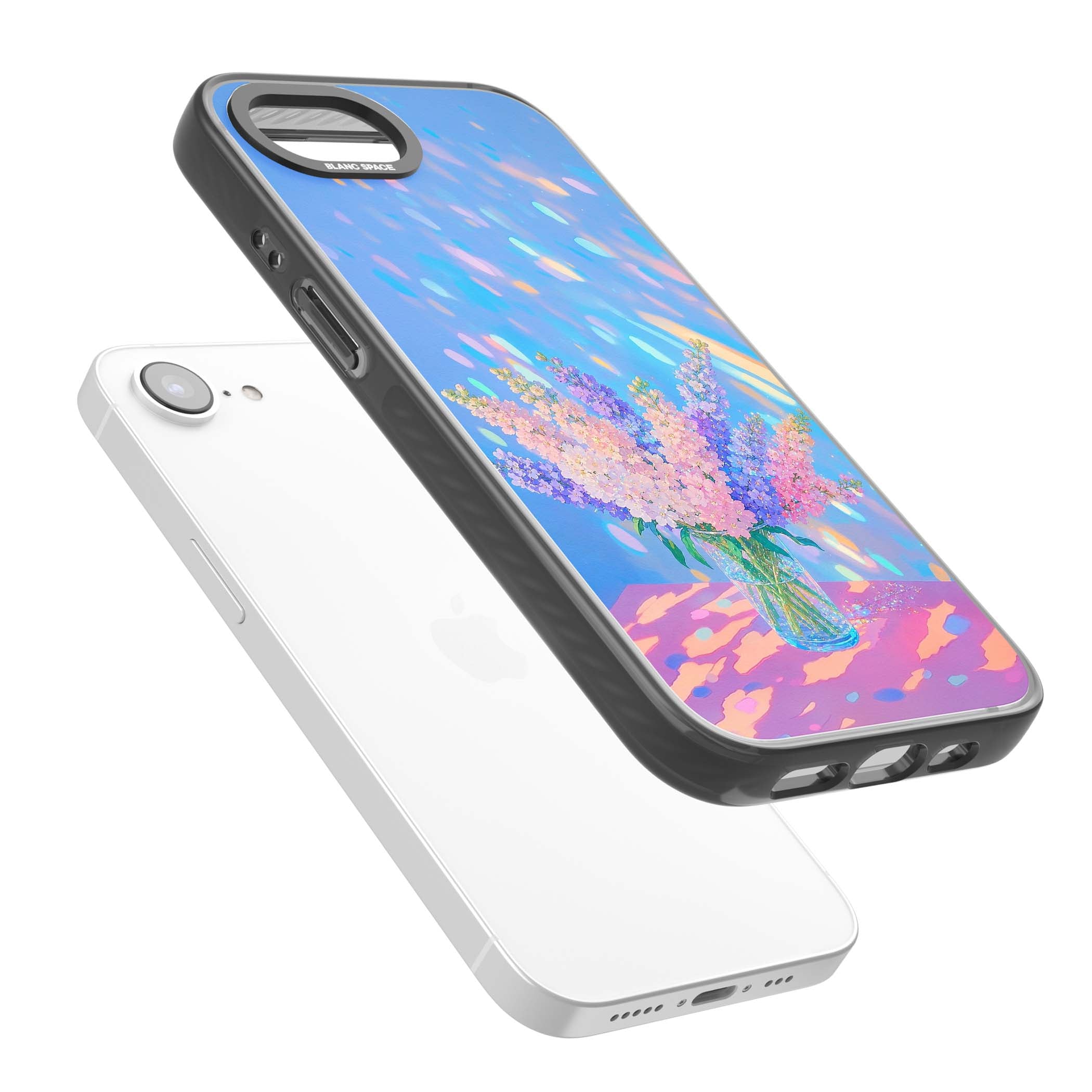Bubblegum Flowers floral iPhone case featuring pastel lilac and pink bouquet in a glass vase with iridescent light | Black Impact Magsafe case for iPhone 16e, iPhone 17e