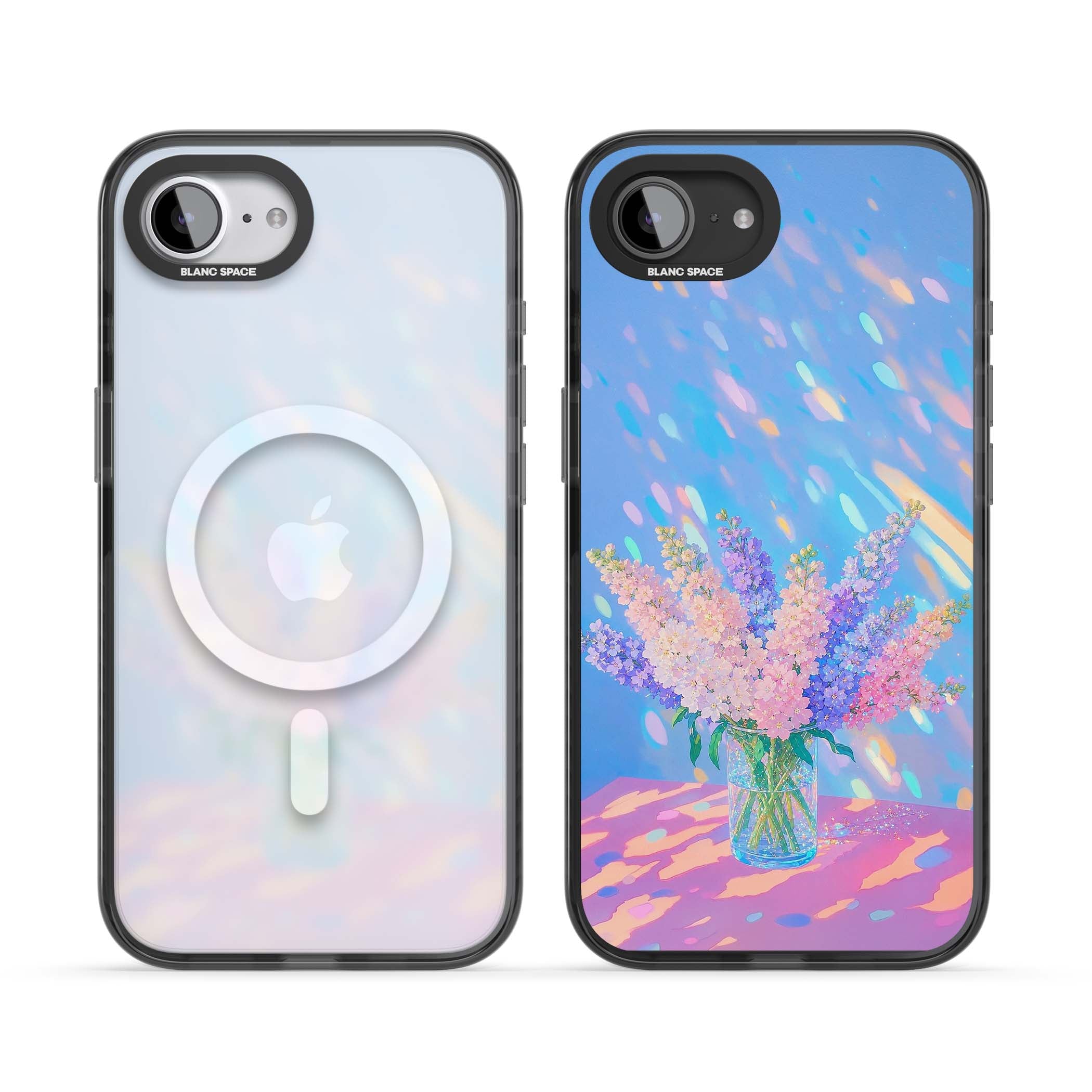 Bubblegum Flowers floral iPhone case featuring pastel lilac and pink bouquet in a glass vase with iridescent light | Black Impact Magsafe case for iPhone 16e, iPhone 17e