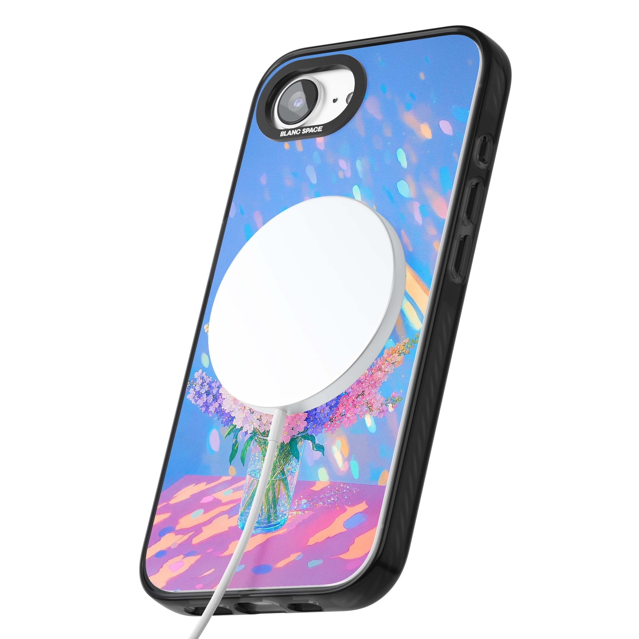 Bubblegum Flowers floral iPhone case featuring pastel lilac and pink bouquet in a glass vase with iridescent light | Black Impact Magsafe case for iPhone 16e, iPhone 17e