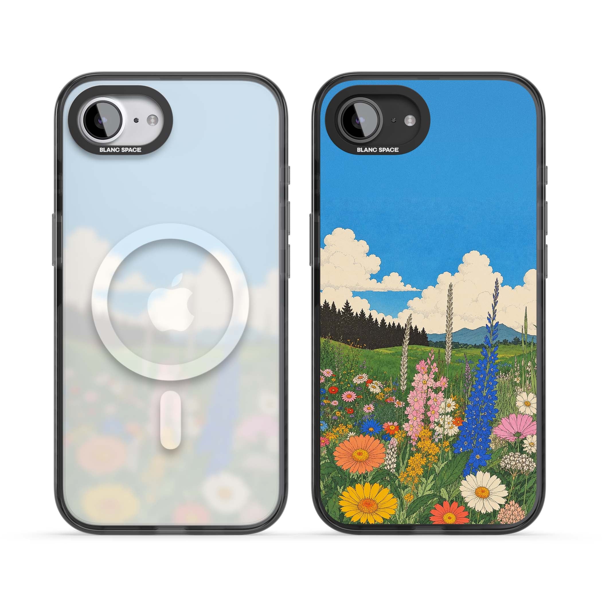 Wildbloom wildflower iPhone case featuring a vintage Japanese-style meadow landscape with daisies, delphiniums and moun | Black Impact Magsafe case for iPhone 16e, iPhone 17e