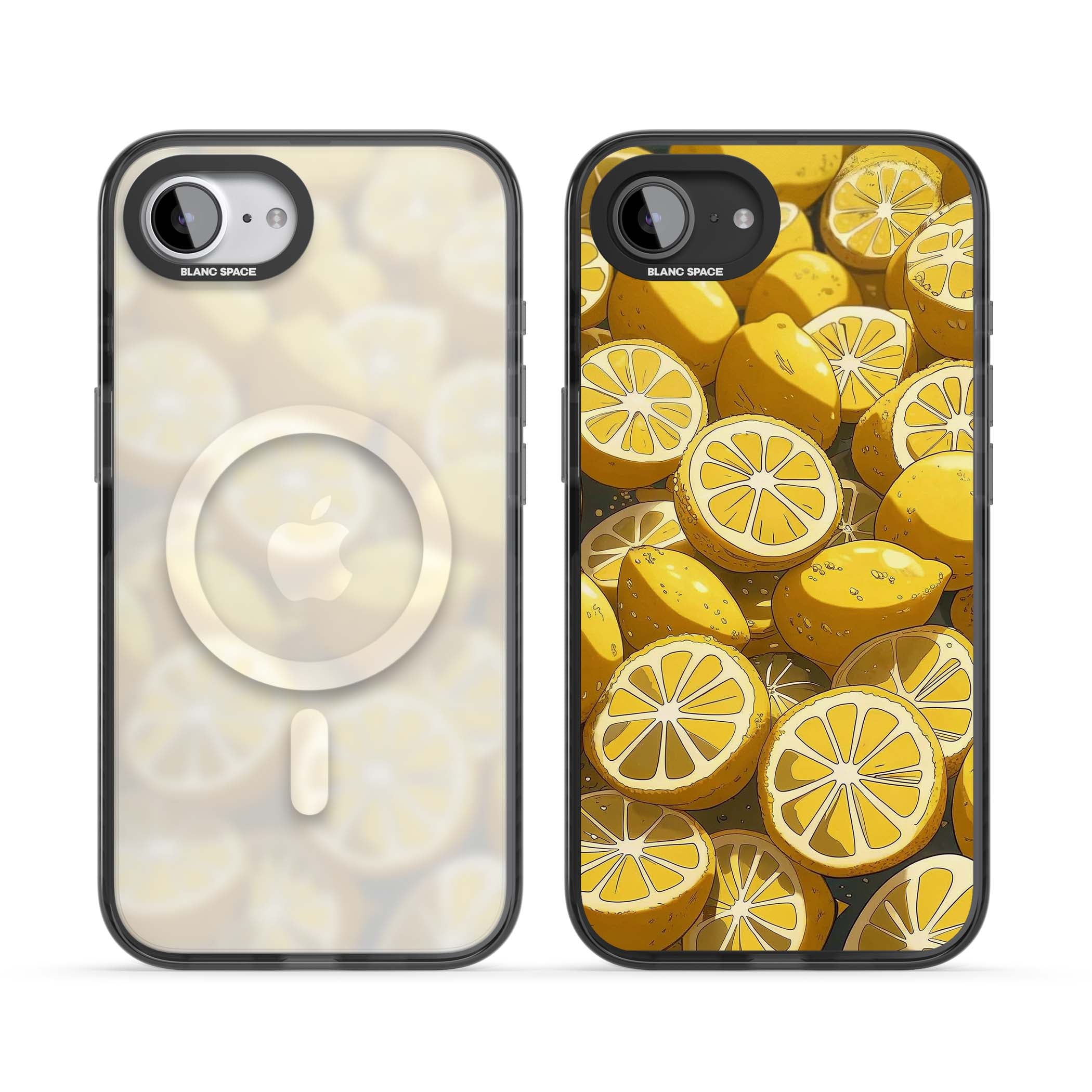 Zesty coastal iPhone case featuring illustrated Mediterranean lemons and citrus slices in golden yellow | Black Impact Magsafe case for iPhone 16e, iPhone 17e