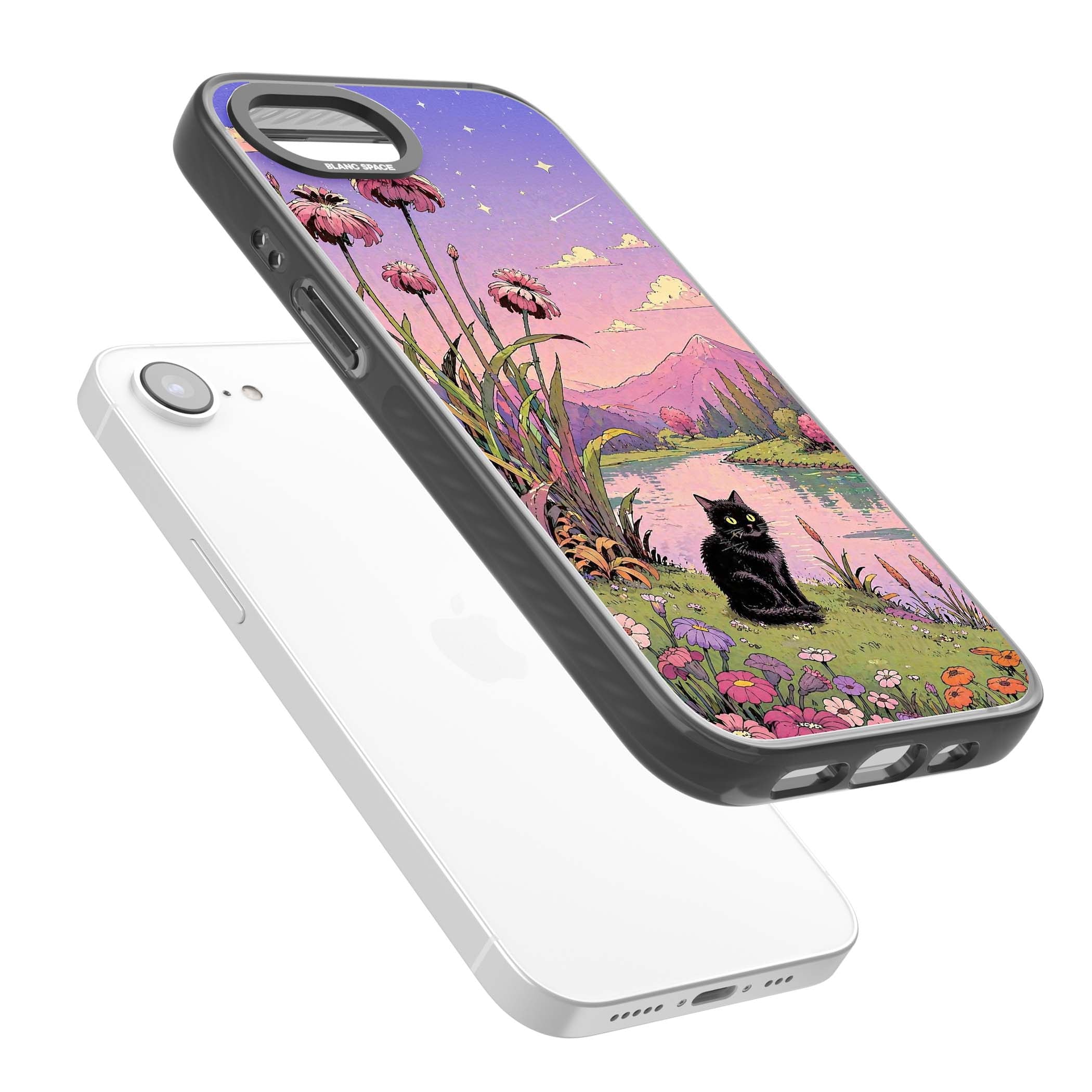 Mystic Whiskers ghibli iPhone case featuring a black cat by a pastel lake, wildflowers and a starry sunset sky | Black Impact case for iPhone 16e, iPhone 17e