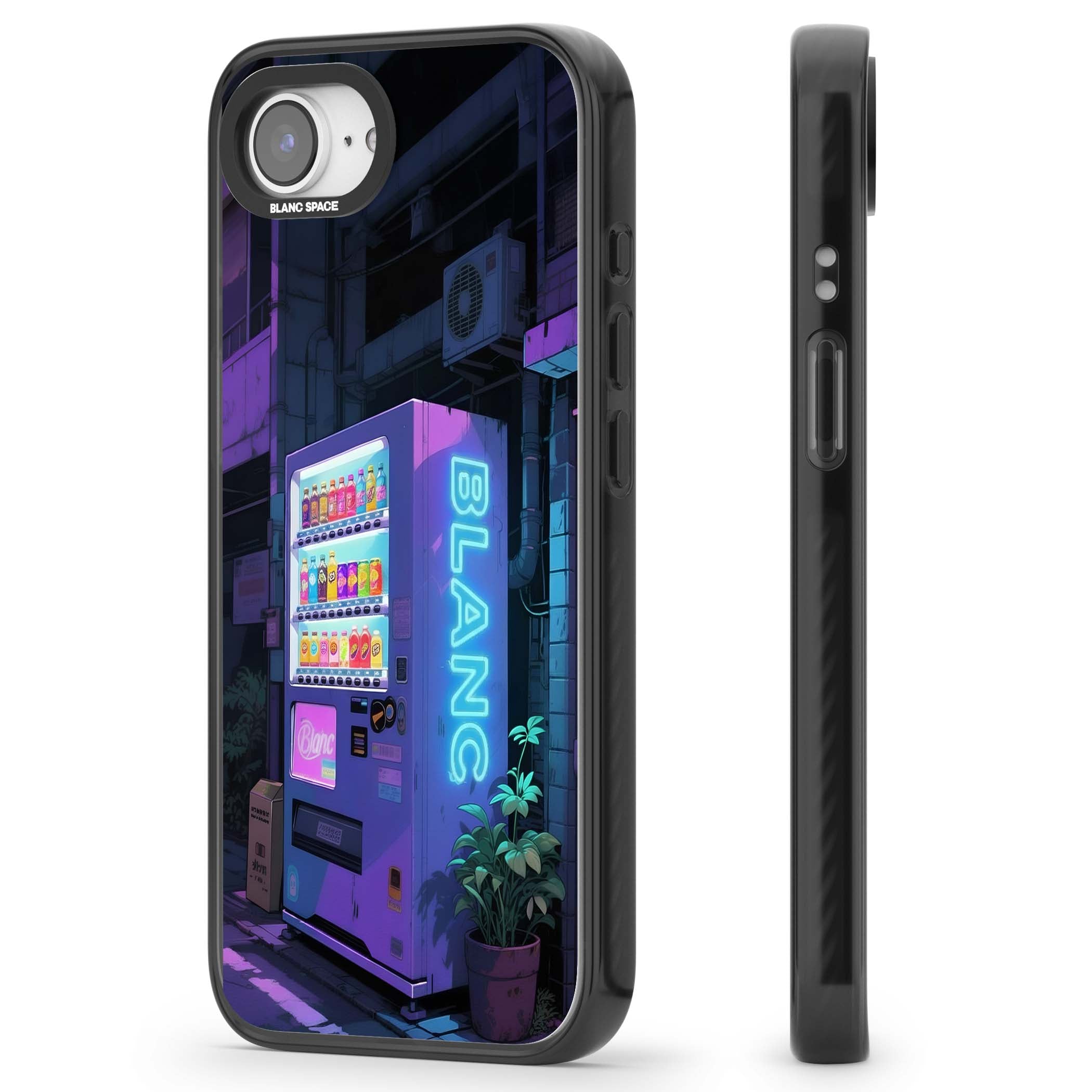 Shibuya Glow Japanese iPhone case featuring a glowing Tokyo vending machine, neon signage, and moody purple alleyway | Black Impact case for iPhone 16e, iPhone 17e