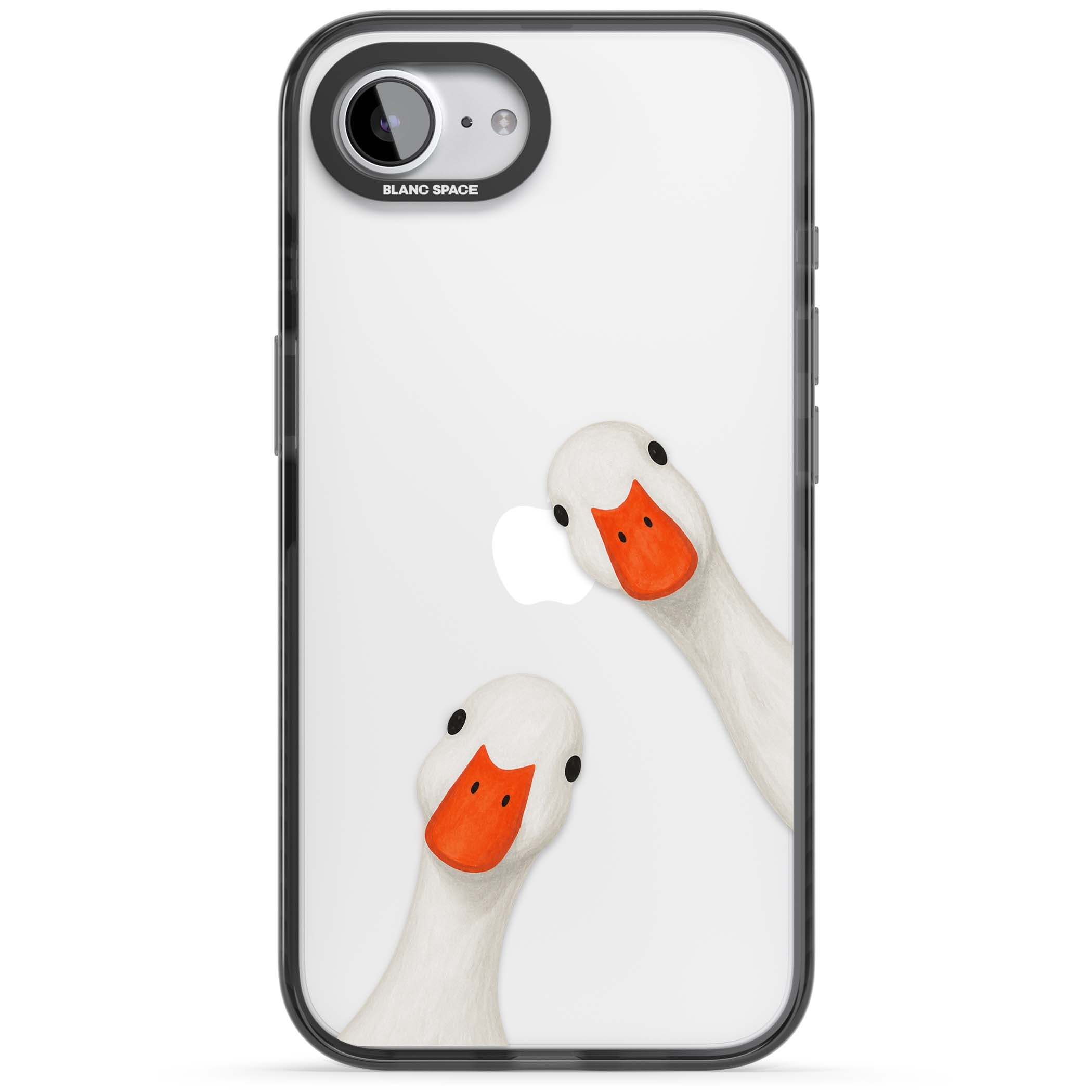 Nosy Ducks cottagecore iPhone case featuring two peeking white ducks with orange beaks on a clear background | Black Impact case for iPhone 16e, iPhone 17e