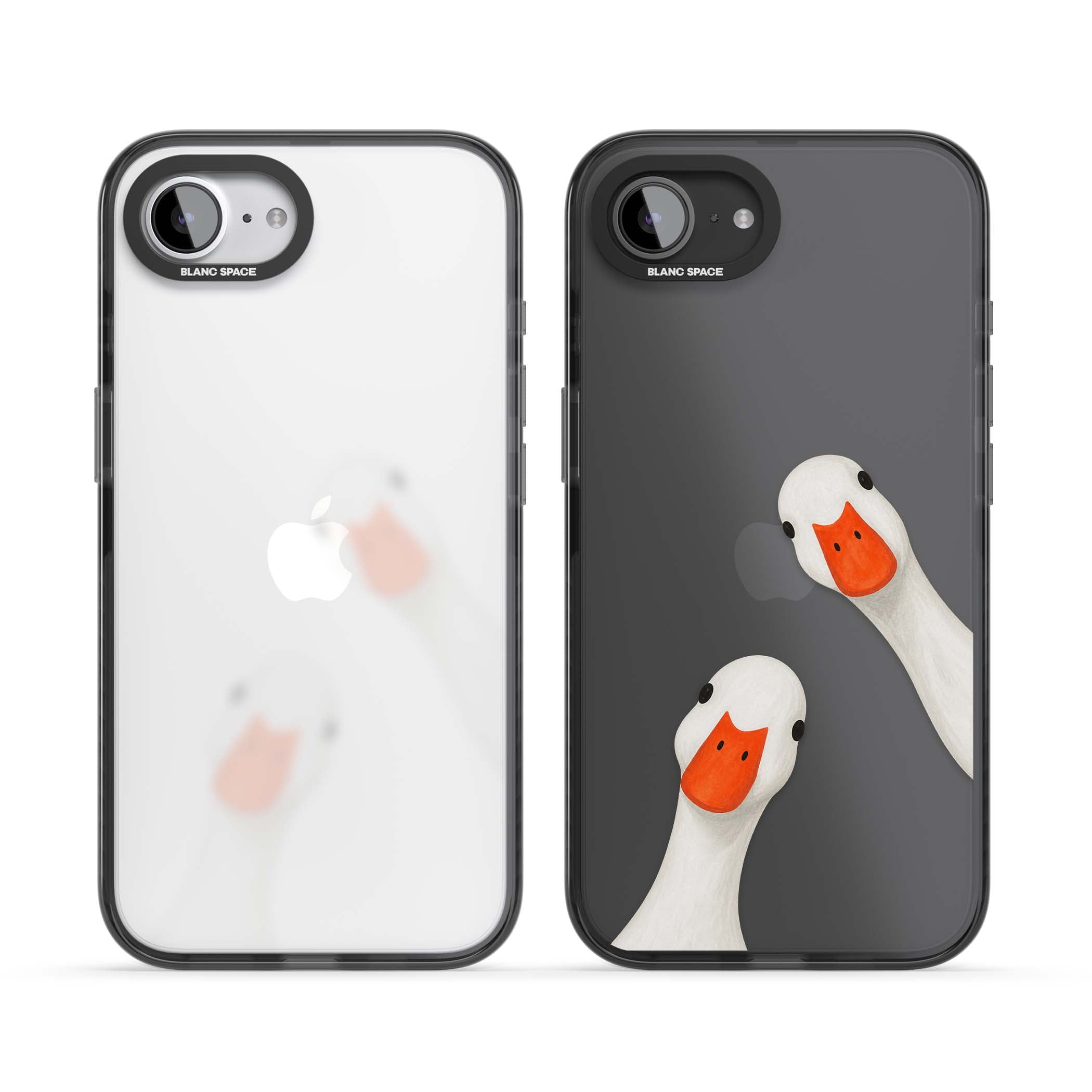 Nosy Ducks cottagecore iPhone case featuring two peeking white ducks with orange beaks on a clear background | Black Impact case for iPhone 16e, iPhone 17e
