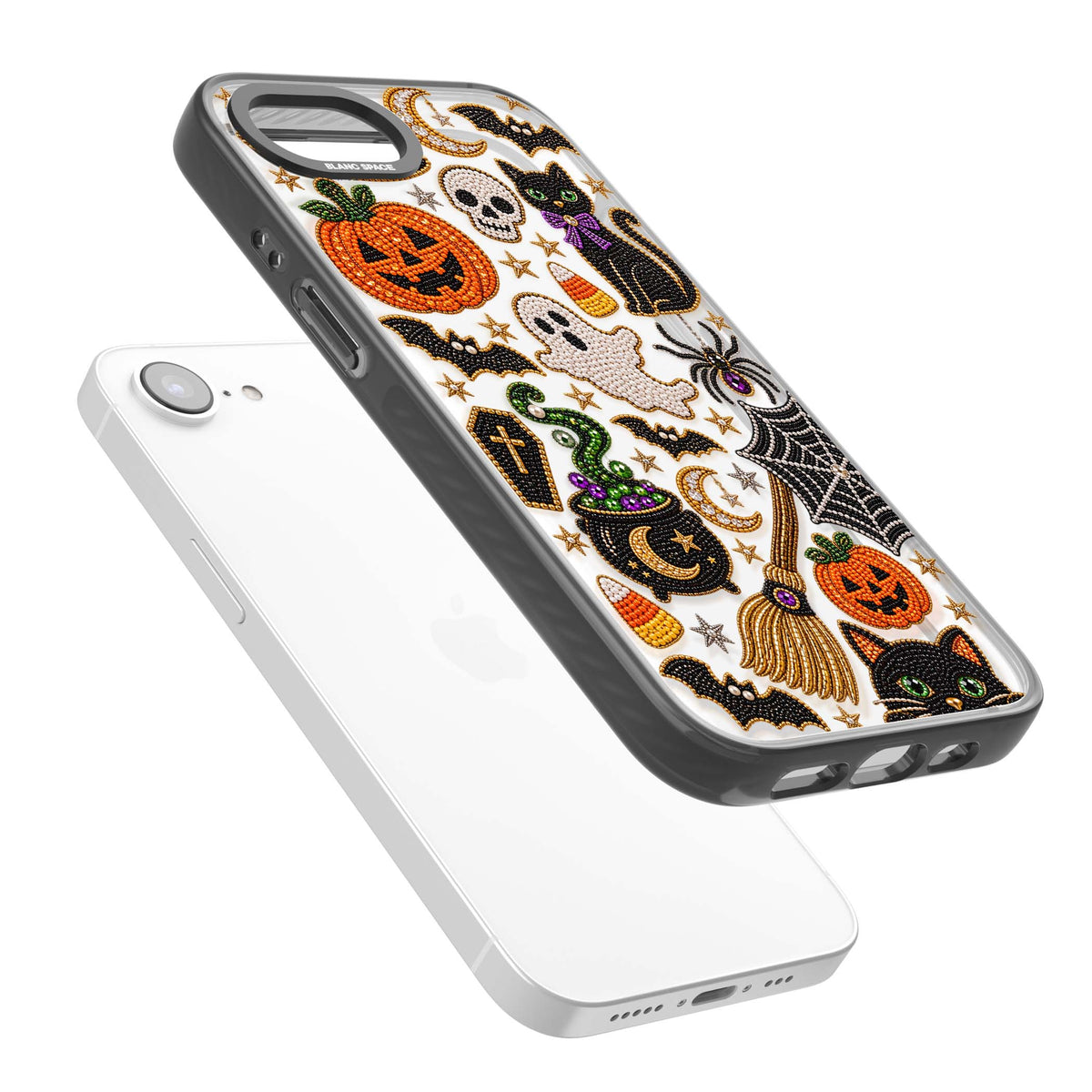 Beaded Halloween Halloween iPhone case featuring beaded pumpkins, ghosts, black cats and bats | Black Impact case for iPhone 16e, iPhone 17e