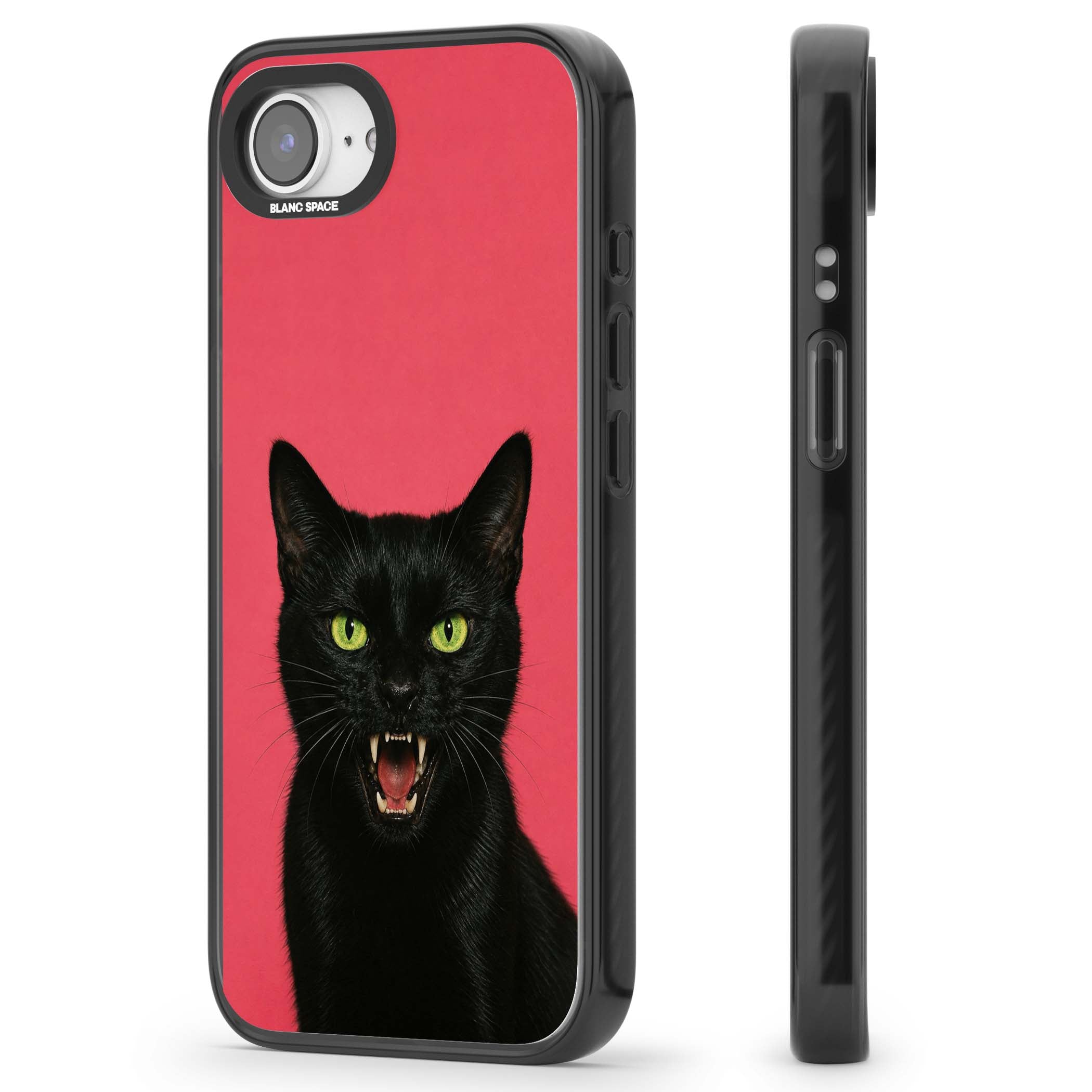 Hissin' Baddie black cat iPhone case featuring a hissing feline with green eyes on a hot pink background | Black Impact case for iPhone 16e, iPhone 17e