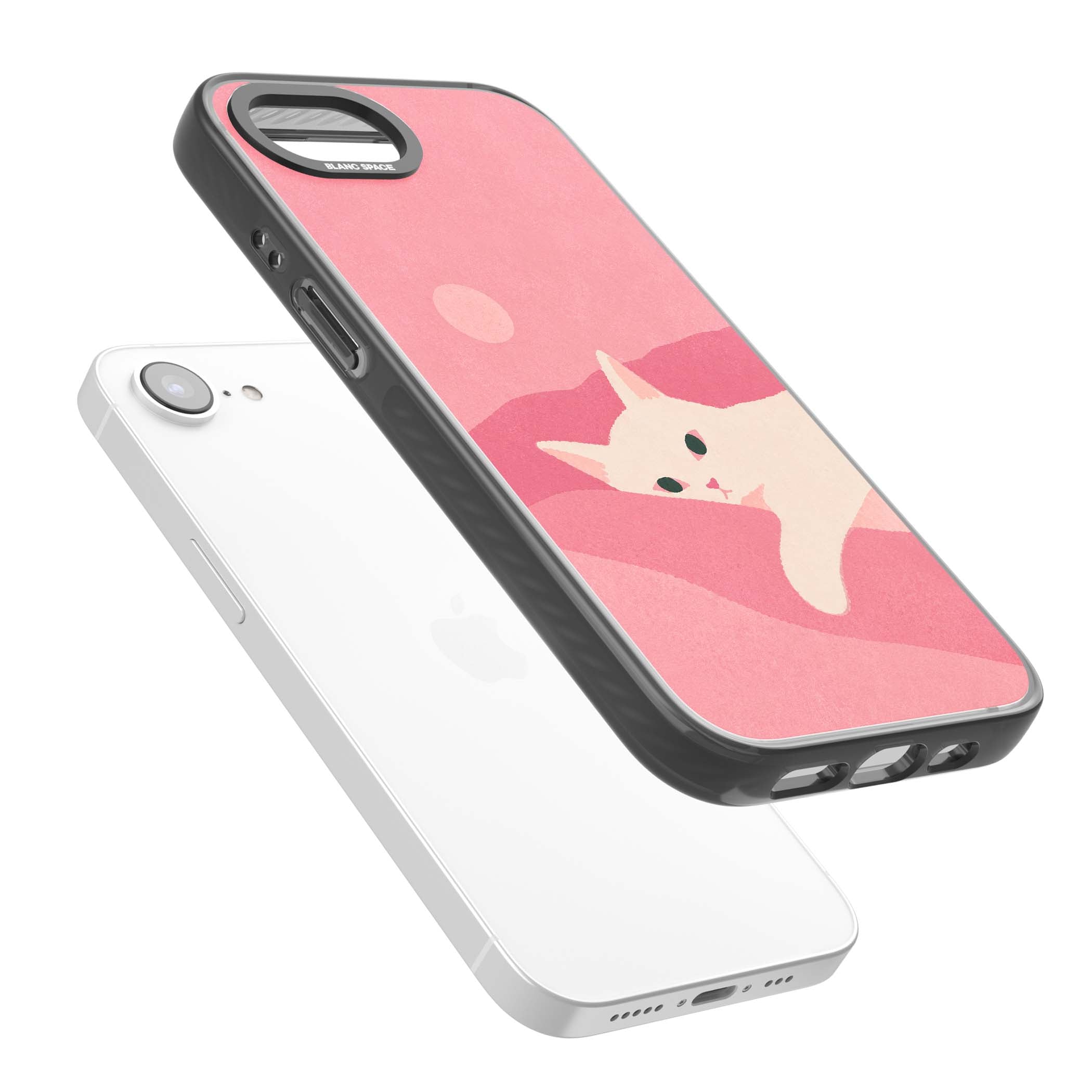 Pink Dreams cute cat iPhone case featuring a white kitten, soft pink hills and a pale pastel sun | Black Impact case for iPhone 16e, iPhone 17e