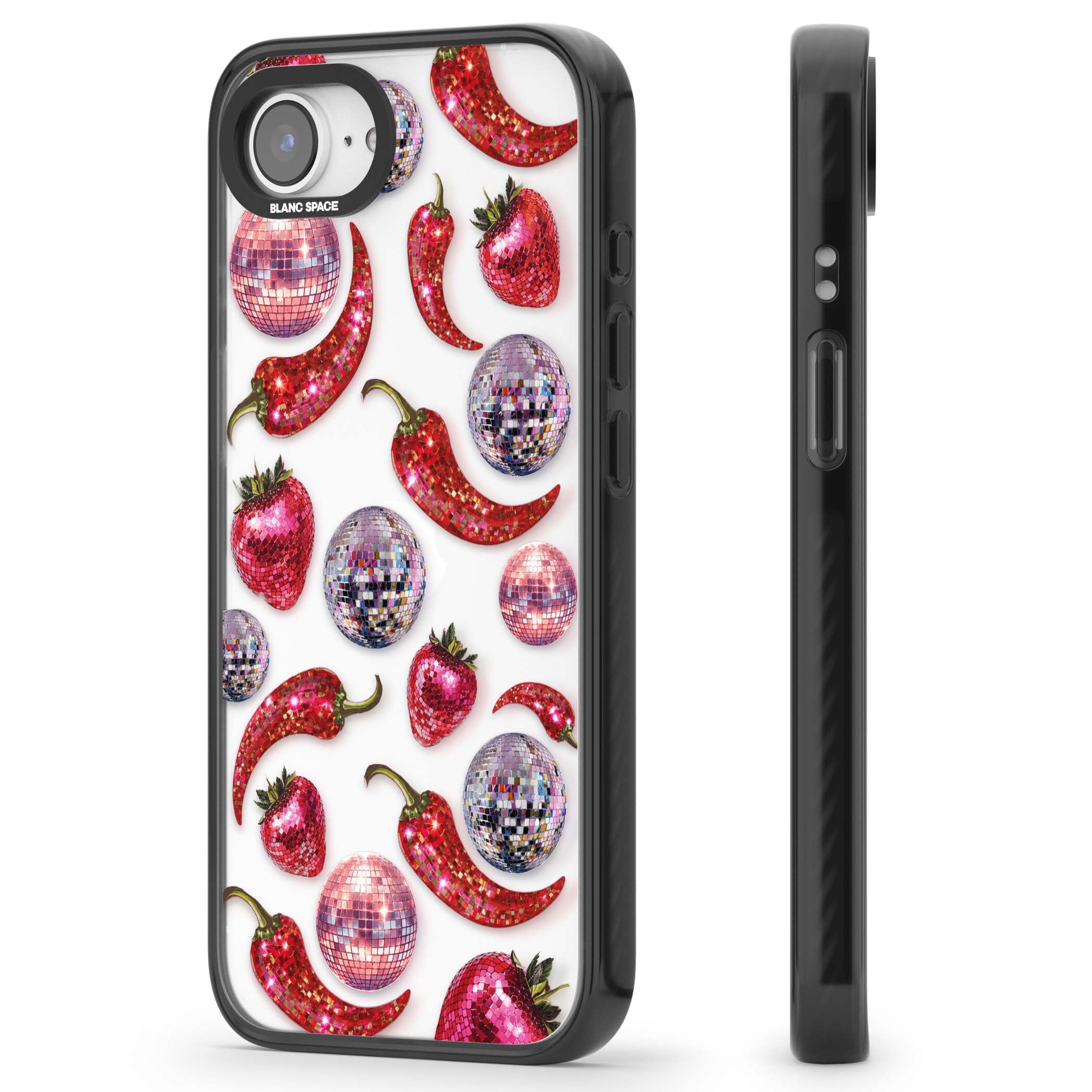 Spicy Disco Y2K iPhone case featuring glitter disco balls, sparkly strawberries and red chilli peppers | Black Impact case for iPhone 16e, iPhone 17e