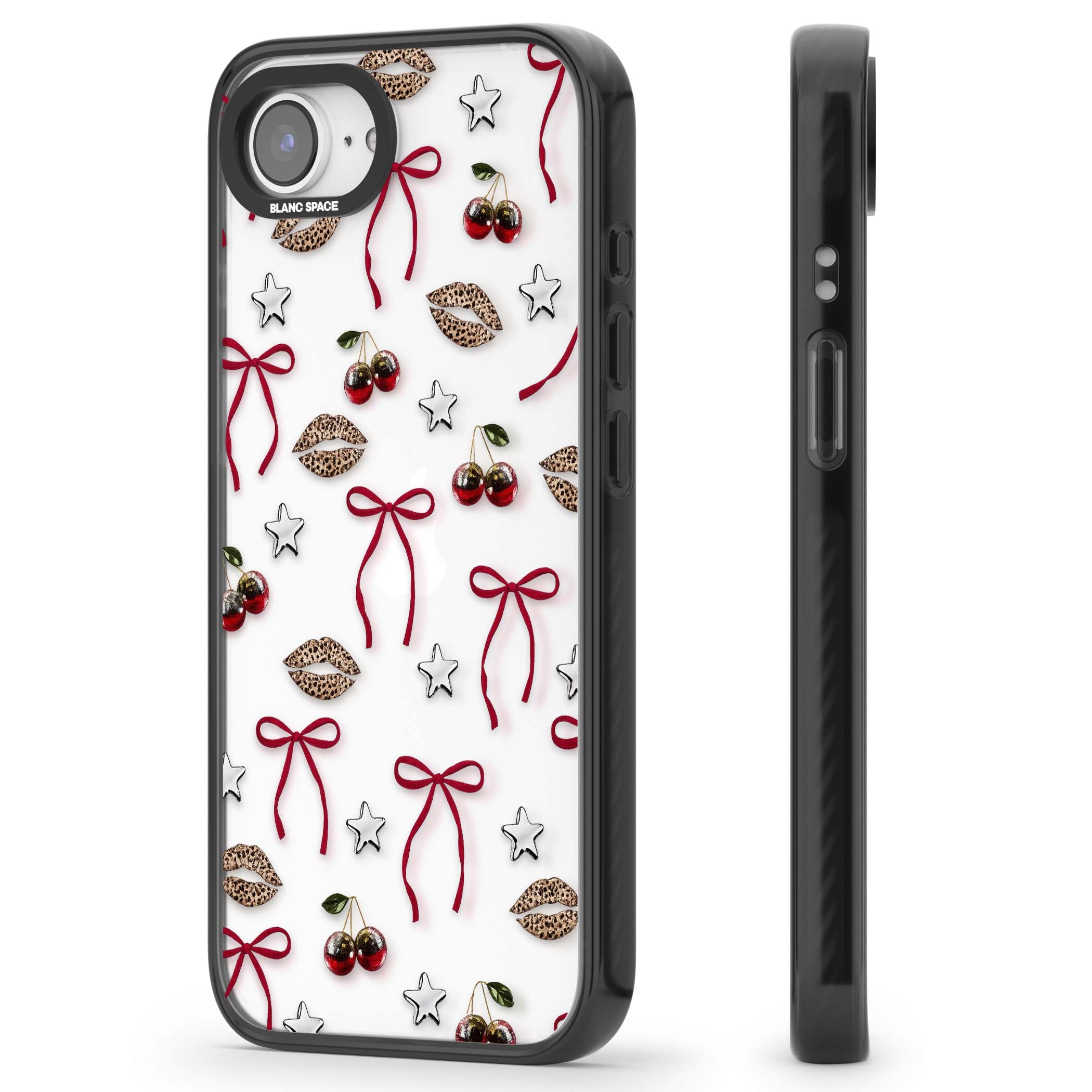 Starlet coquette iPhone case featuring red ribbon bows, disco cherries and leopard-print lips | Black Impact case for iPhone 16e, iPhone 17e