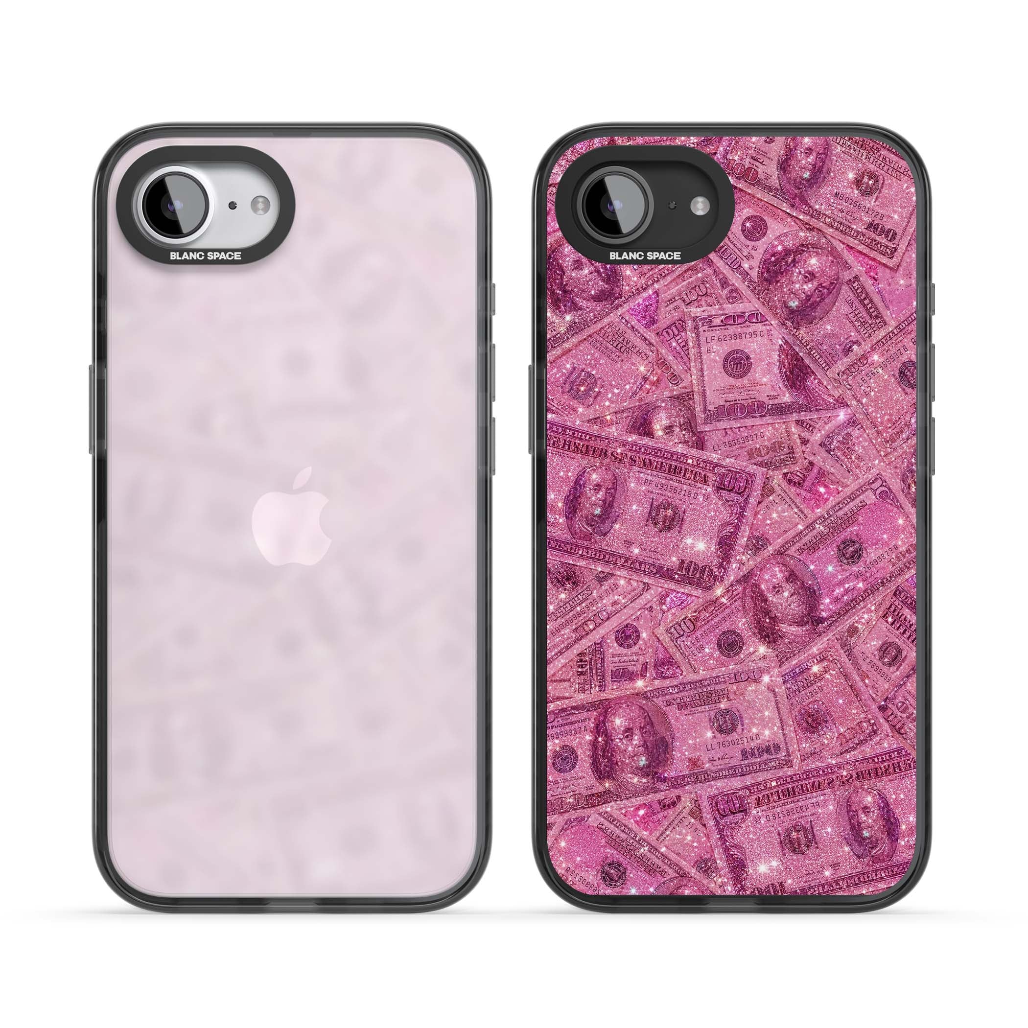 Glamorous baddie iPhone case featuring pink glitter hundred dollar bills and sparkling money wallpaper design | Black Impact case for iPhone 16e, iPhone 17e