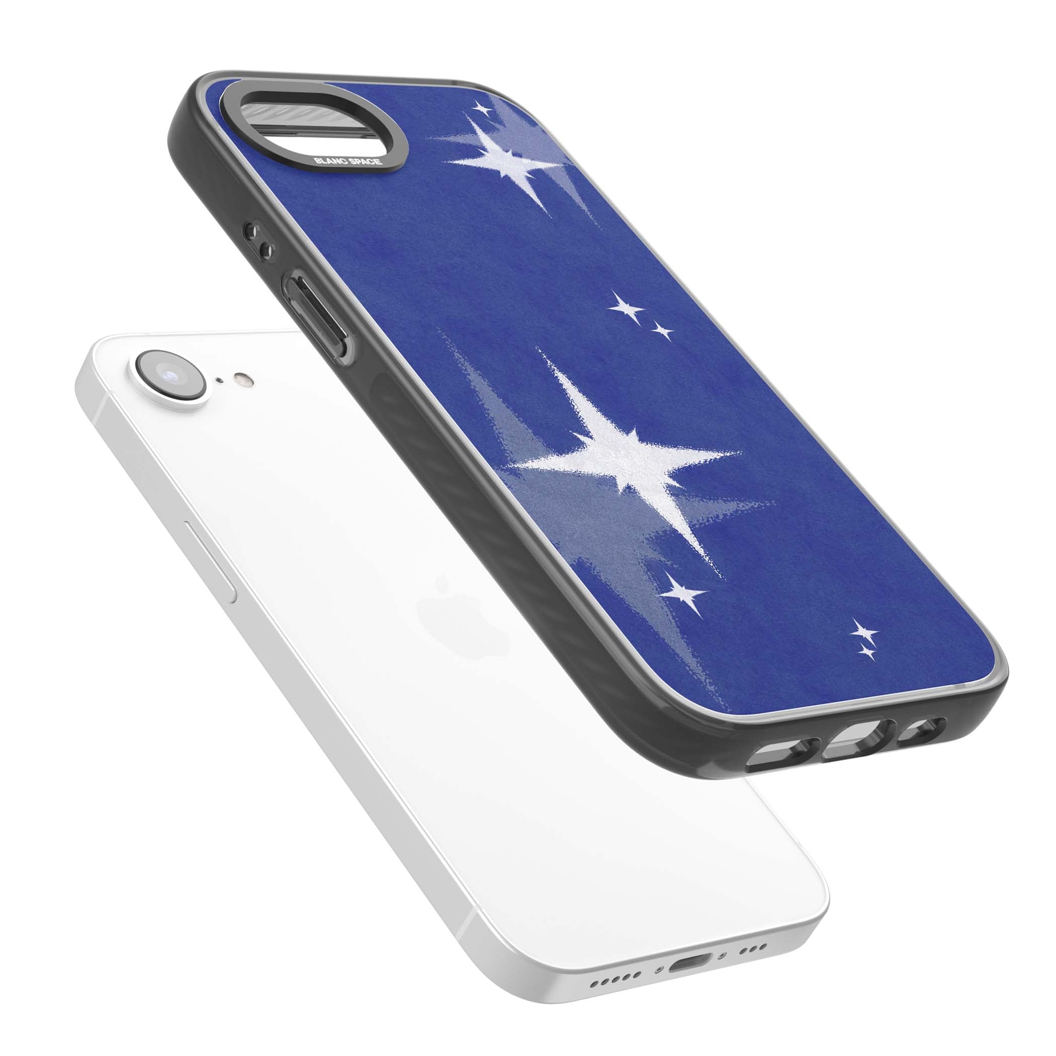 Blue Sparkle celestial iPhone case featuring sparkling silver stars on a deep blue painterly night sky | Black Impact case for iPhone 16e, iPhone 17e
