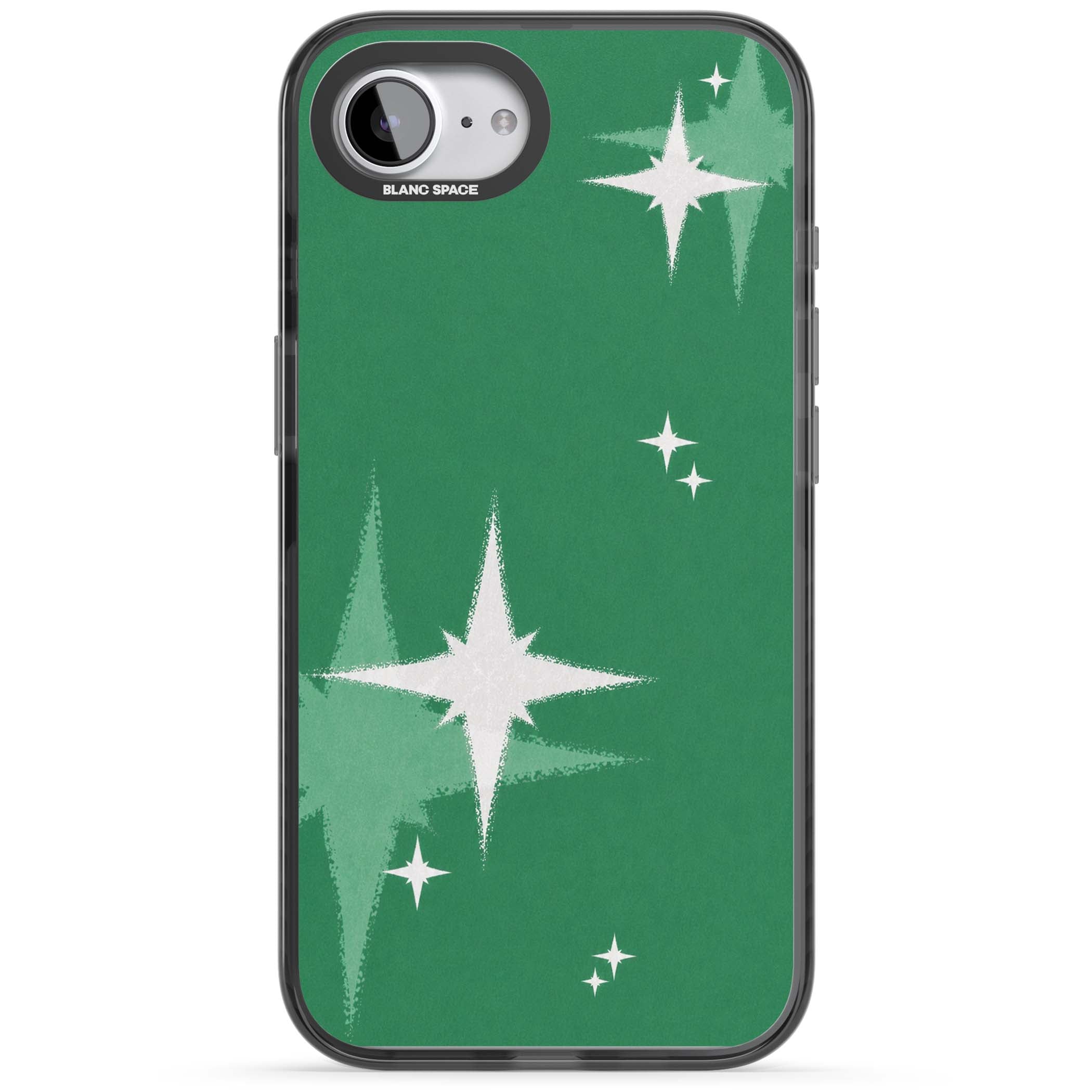 Green Sparkle celestial iPhone case featuring sparkling white four-point stars on a deep green background | Black Impact case for iPhone 16e, iPhone 17e