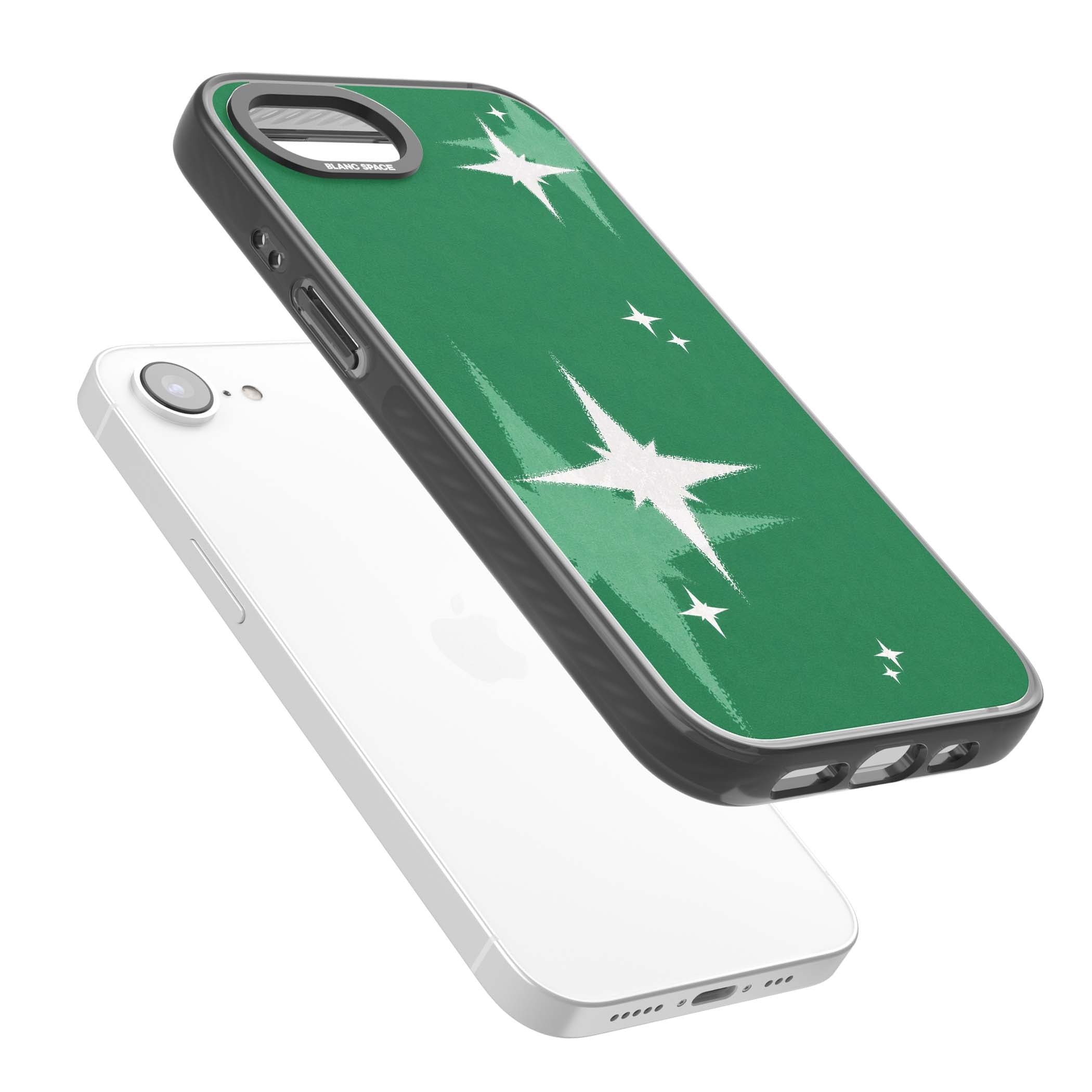 Green Sparkle celestial iPhone case featuring sparkling white four-point stars on a deep green background | Black Impact case for iPhone 16e, iPhone 17e