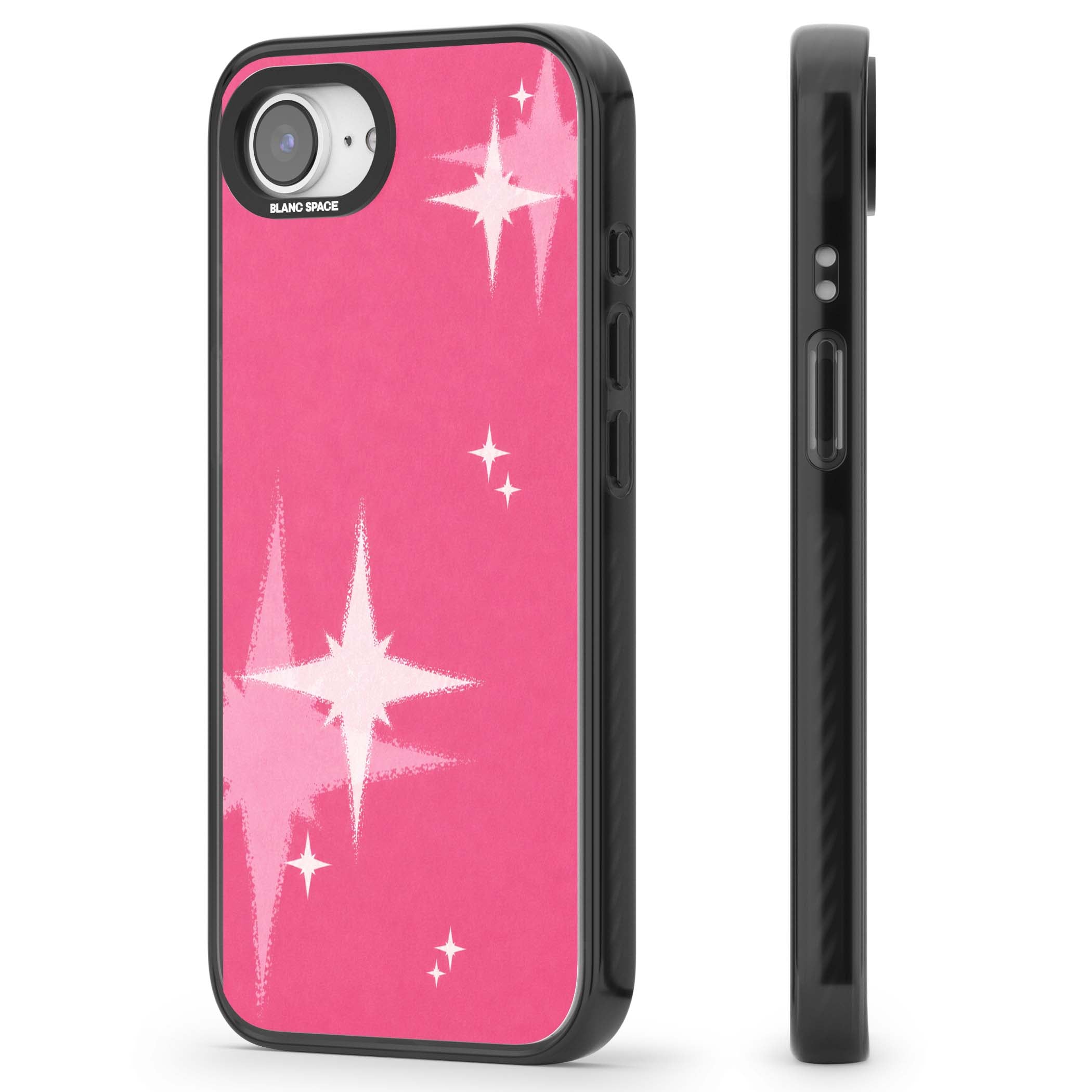 Pink Sparkle Y2K iPhone case featuring hot pink background with shimmering white starburst pattern | Black Impact case for iPhone 16e, iPhone 17e