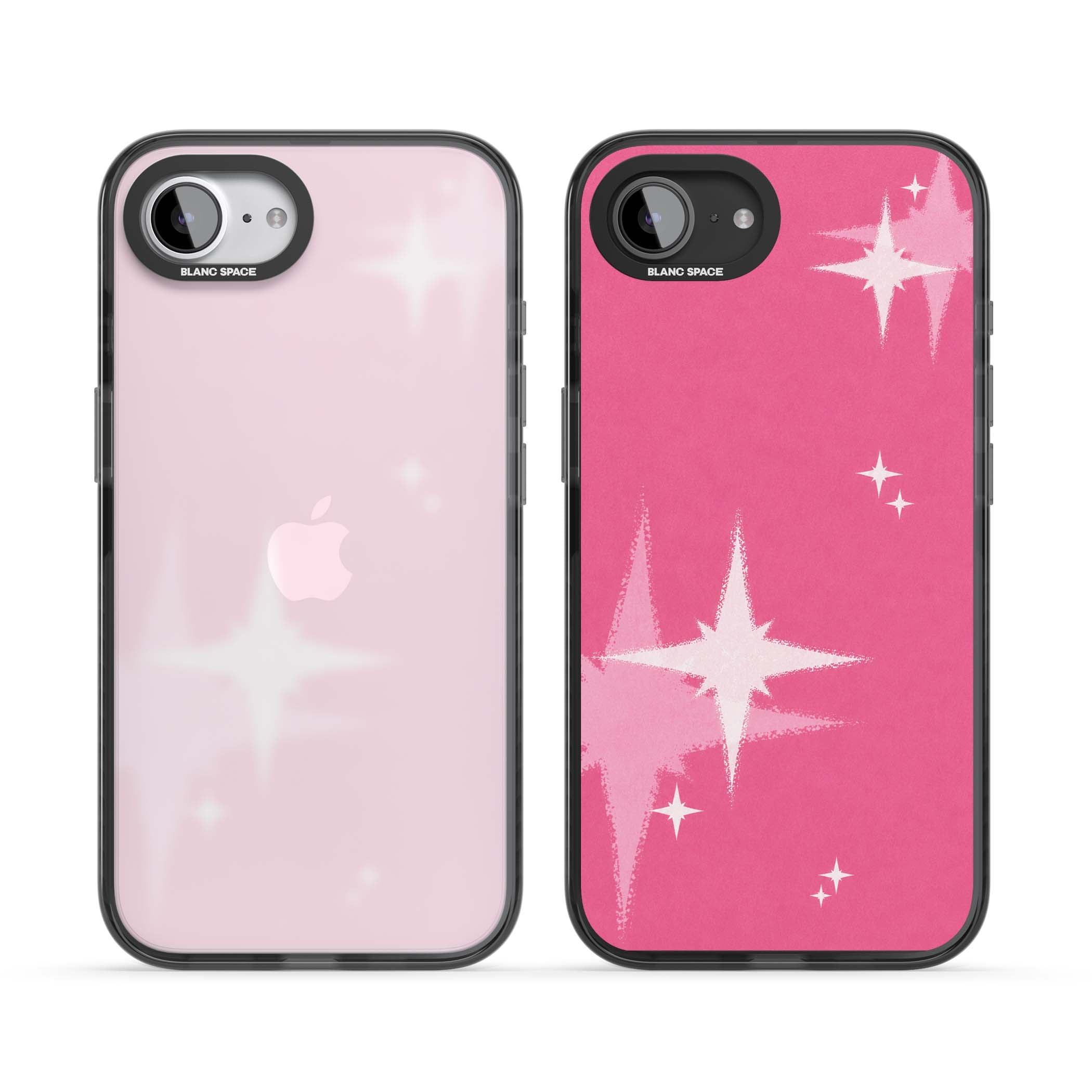Pink Sparkle Y2K iPhone case featuring hot pink background with shimmering white starburst pattern | Black Impact case for iPhone 16e, iPhone 17e