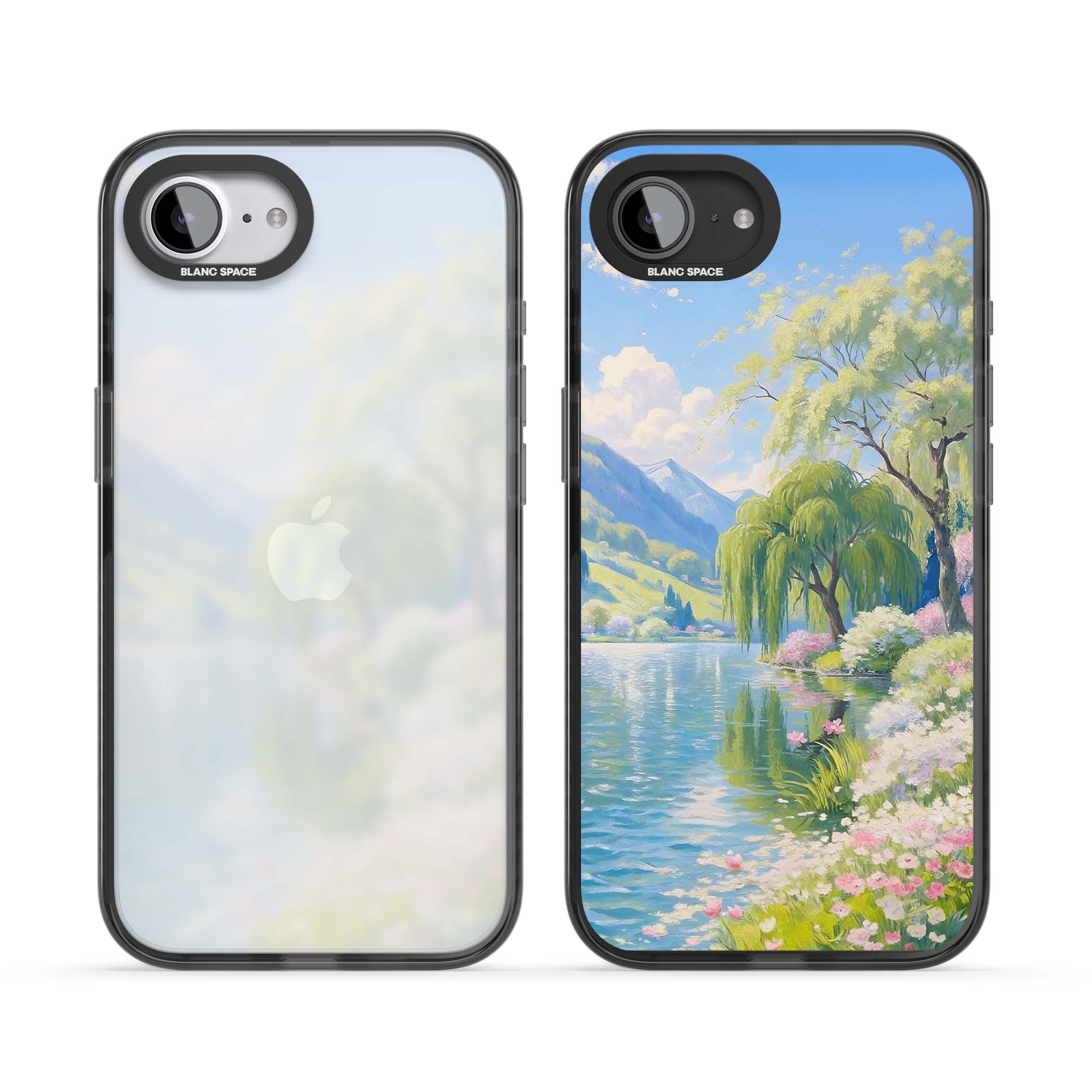 Willow Lake cottagecore iPhone case featuring a painted lakeside with weeping willow, blossoms and distant mountains | Black Impact case for iPhone 16e, iPhone 17e