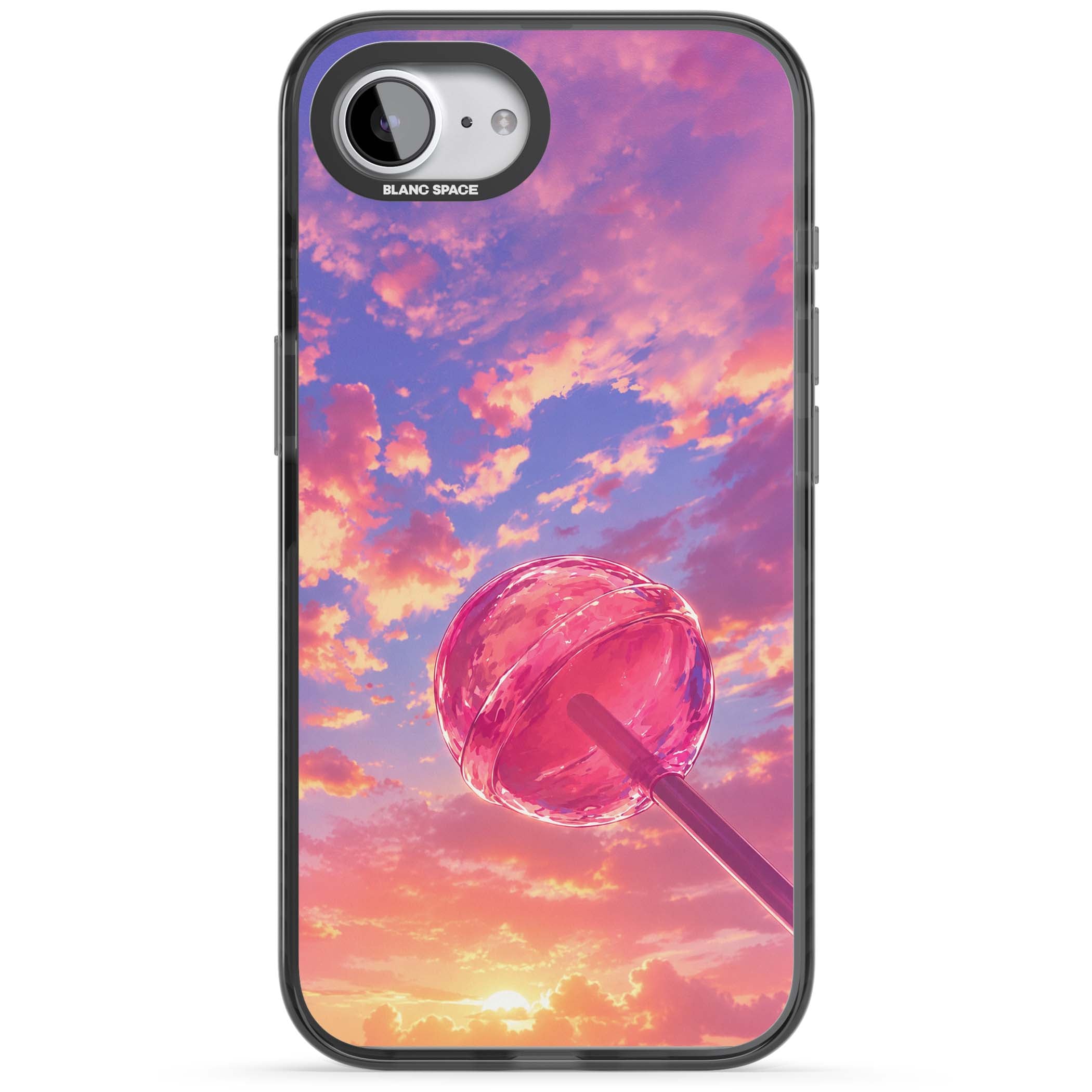 Sugar Sunset candy aesthetic iPhone case featuring a pink lollipop, pastel sunset sky and dreamy clouds | Black Impact case for iPhone 16e, iPhone 17e