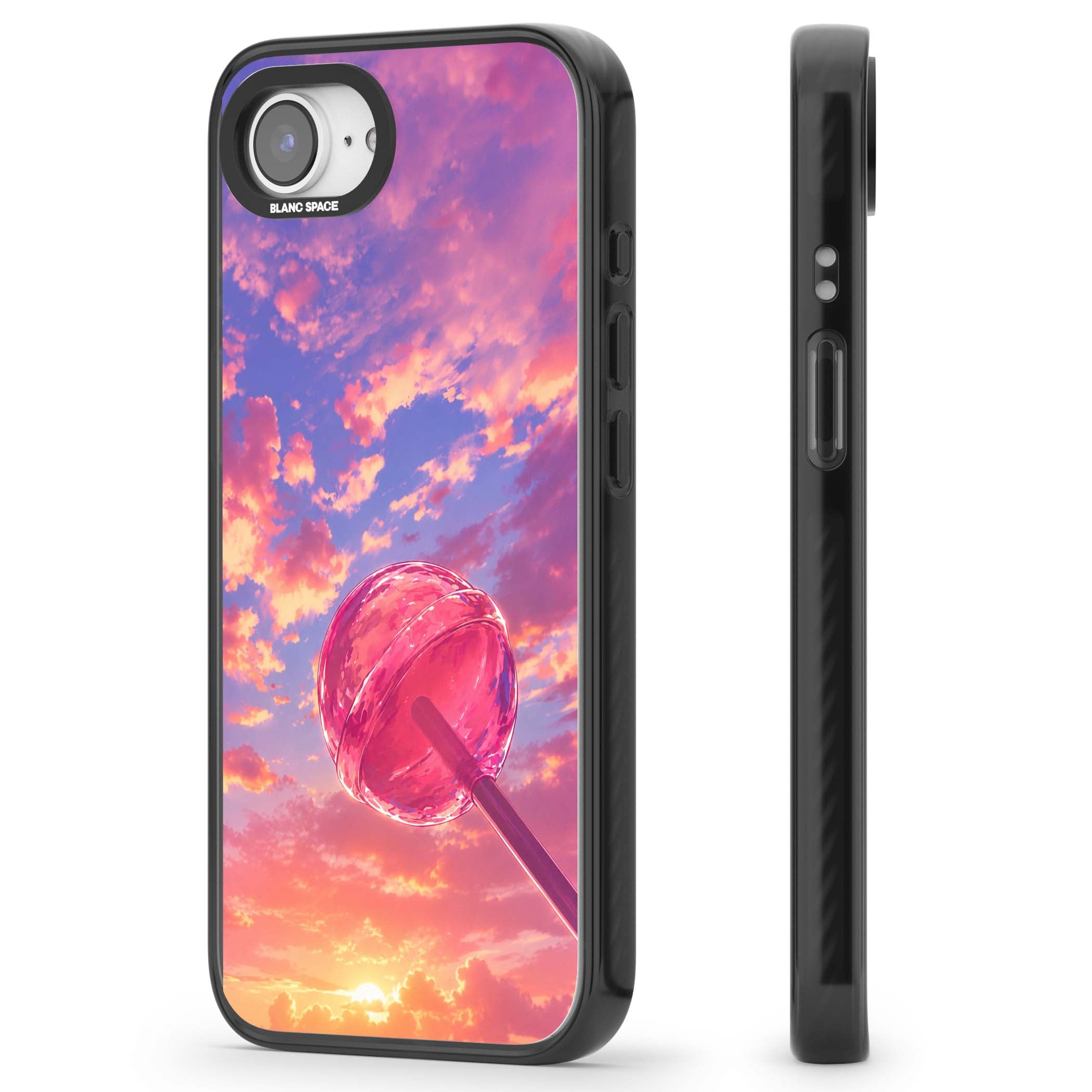 Sugar Sunset candy aesthetic iPhone case featuring a pink lollipop, pastel sunset sky and dreamy clouds | Black Impact case for iPhone 16e, iPhone 17e