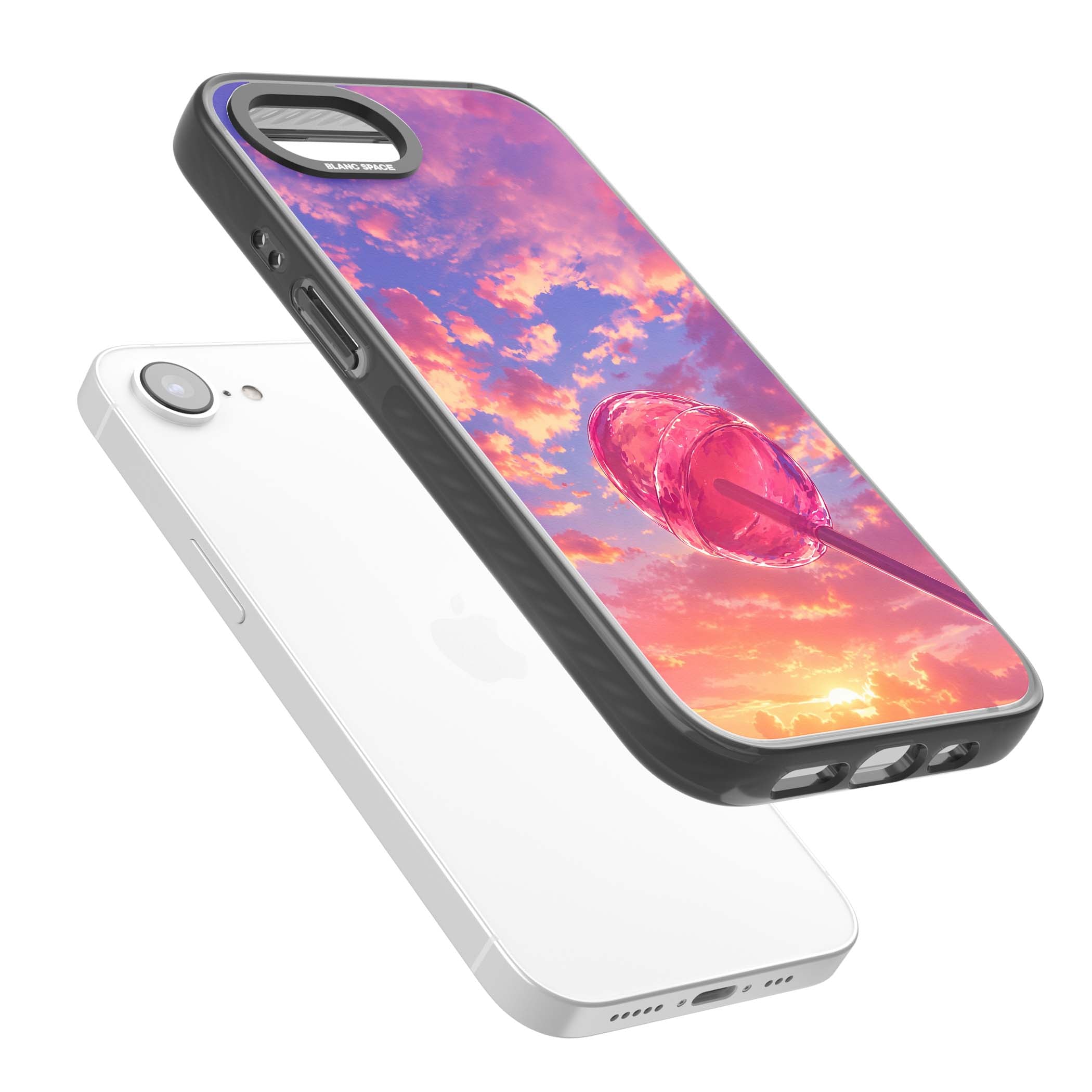Sugar Sunset candy aesthetic iPhone case featuring a pink lollipop, pastel sunset sky and dreamy clouds | Black Impact case for iPhone 16e, iPhone 17e