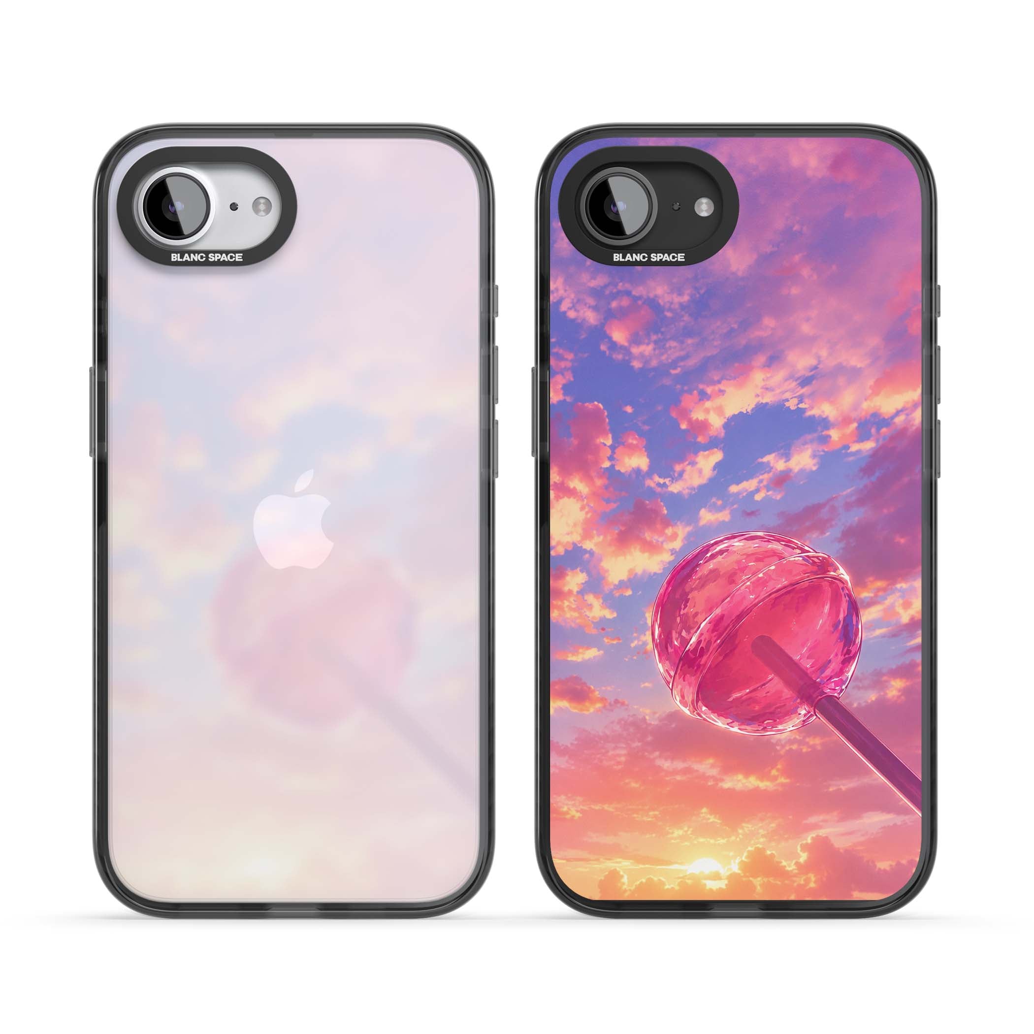 Sugar Sunset candy aesthetic iPhone case featuring a pink lollipop, pastel sunset sky and dreamy clouds | Black Impact case for iPhone 16e, iPhone 17e