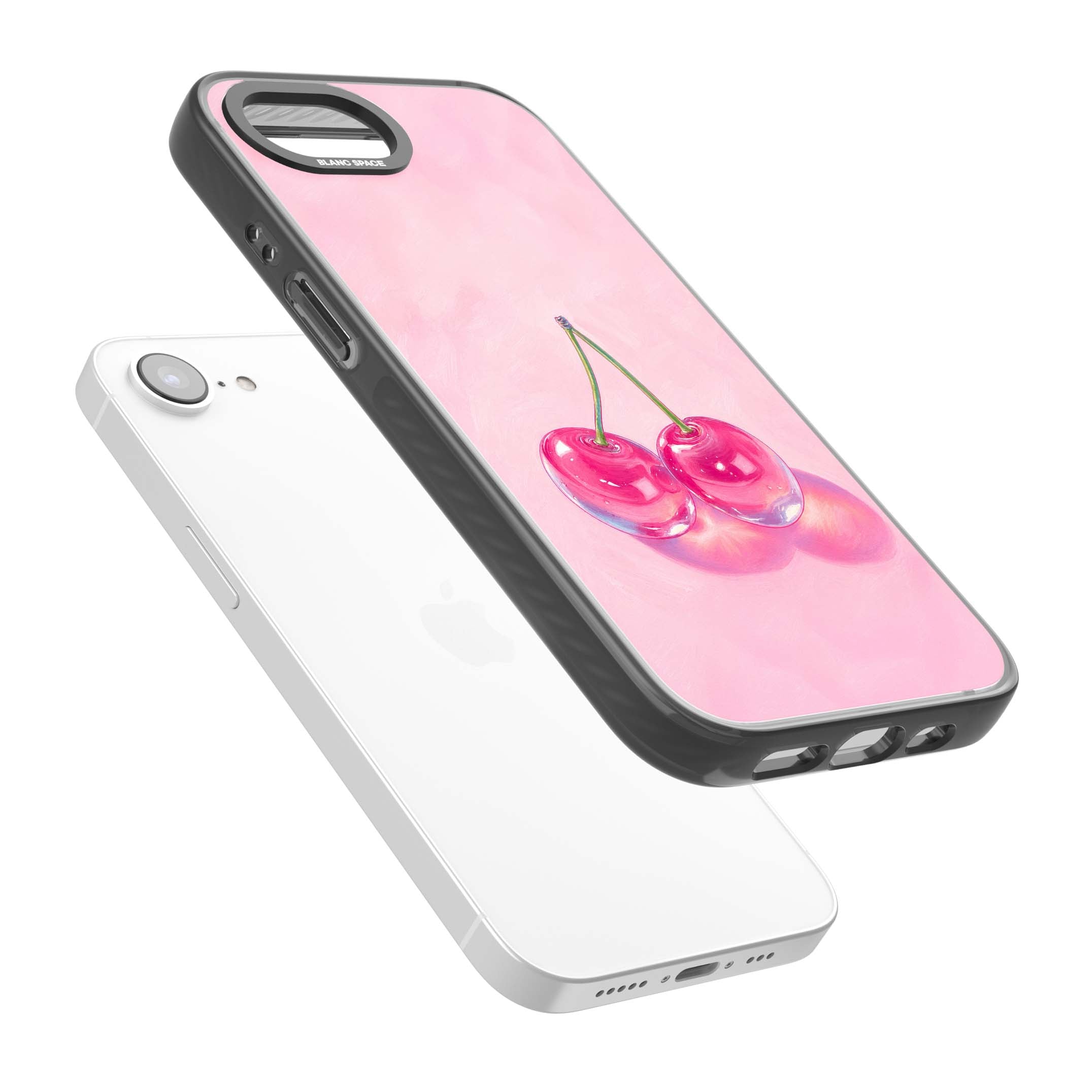 Pink Glass Cherry coquette iPhone case featuring two glossy painted cherries on a soft pink background | Black Impact case for iPhone 16e, iPhone 17e