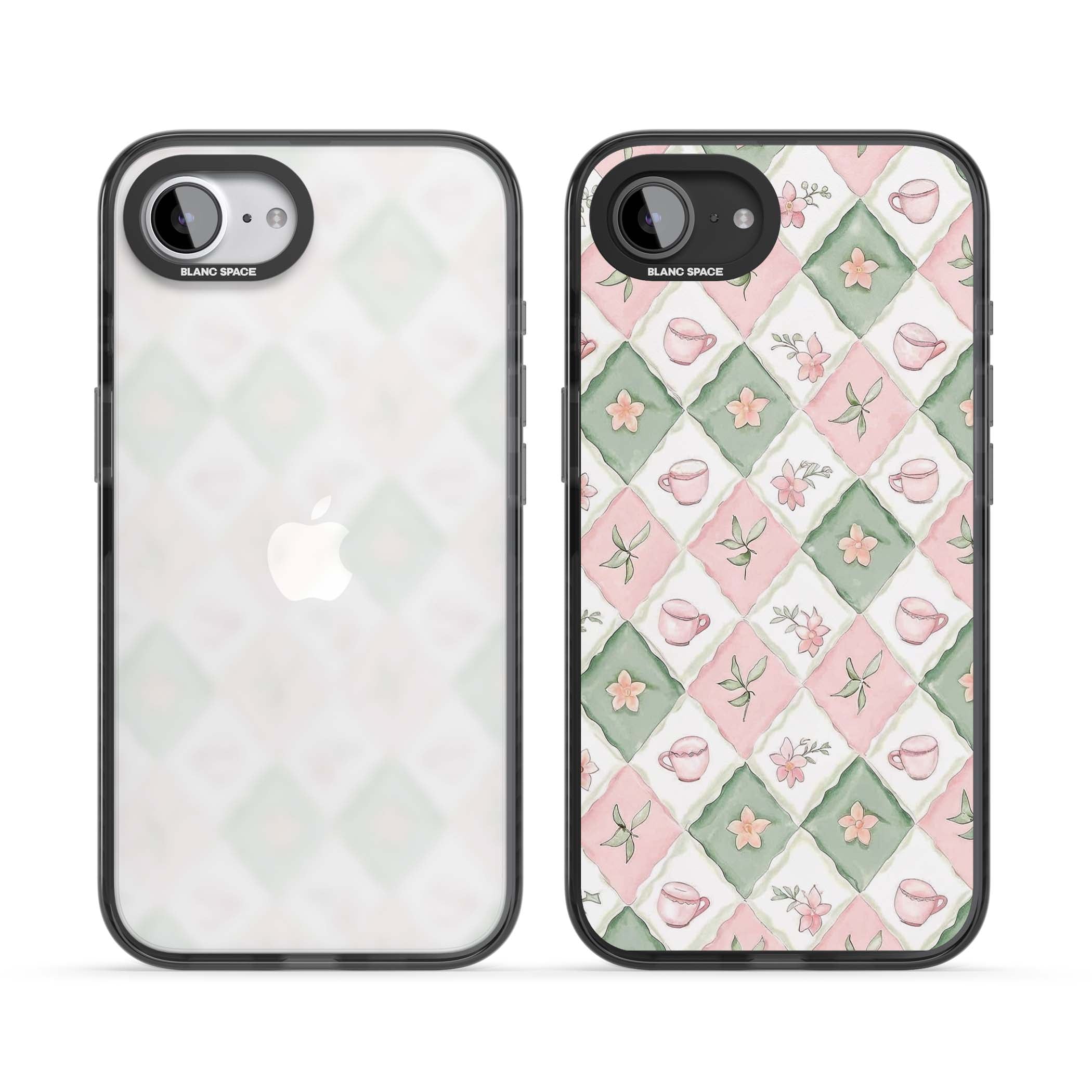 Garden Tea Party coquette iPhone case with pink and green checkered pattern, watercolour teacups and wildflowers | Black Impact case for iPhone 16e, iPhone 17e