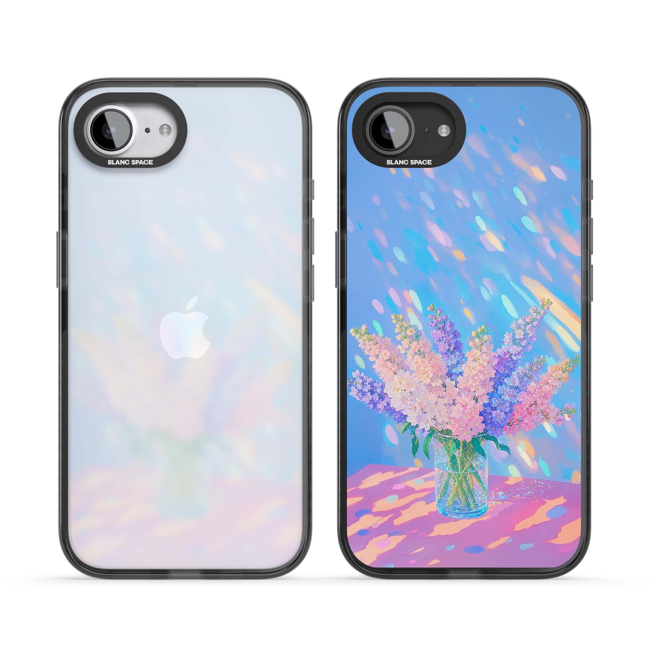 Bubblegum Flowers floral iPhone case featuring pastel lilac and pink bouquet in a glass vase with iridescent light | Black Impact case for iPhone 16e, iPhone 17e