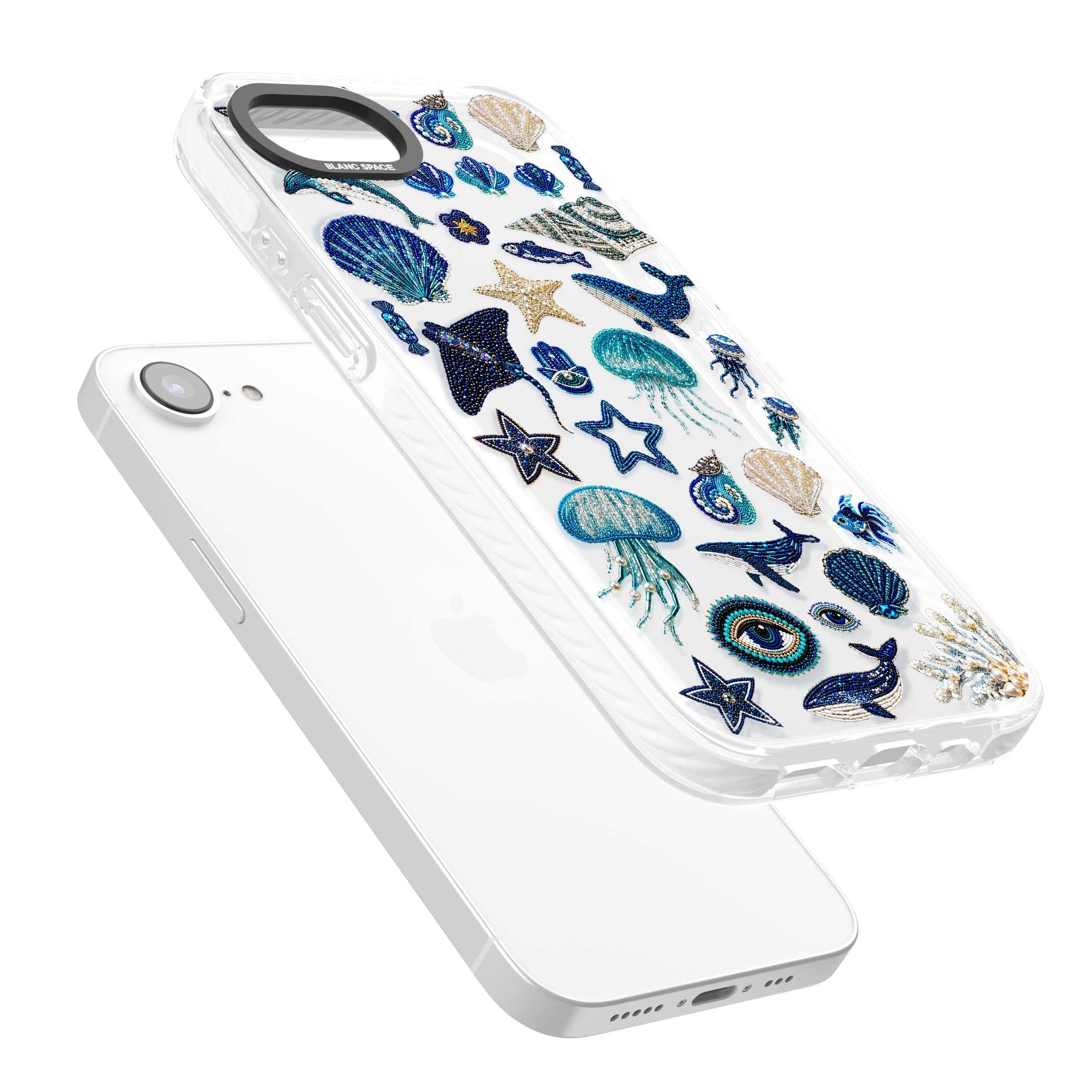 Beaded Coastal coastal iPhone case featuring embroidered seashells, jellyfish and a blue whale on clear | Clear Impact case for iPhone 16e, iPhone 17e