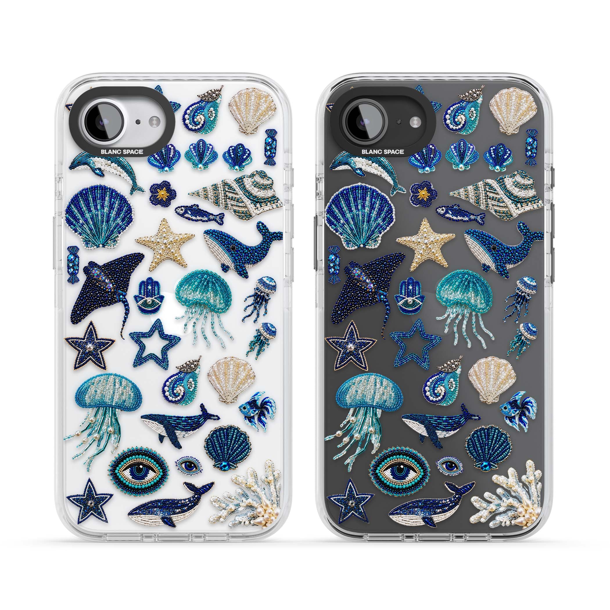 Beaded Coastal coastal iPhone case featuring embroidered seashells, jellyfish and a blue whale on clear | Clear Impact case for iPhone 16e, iPhone 17e