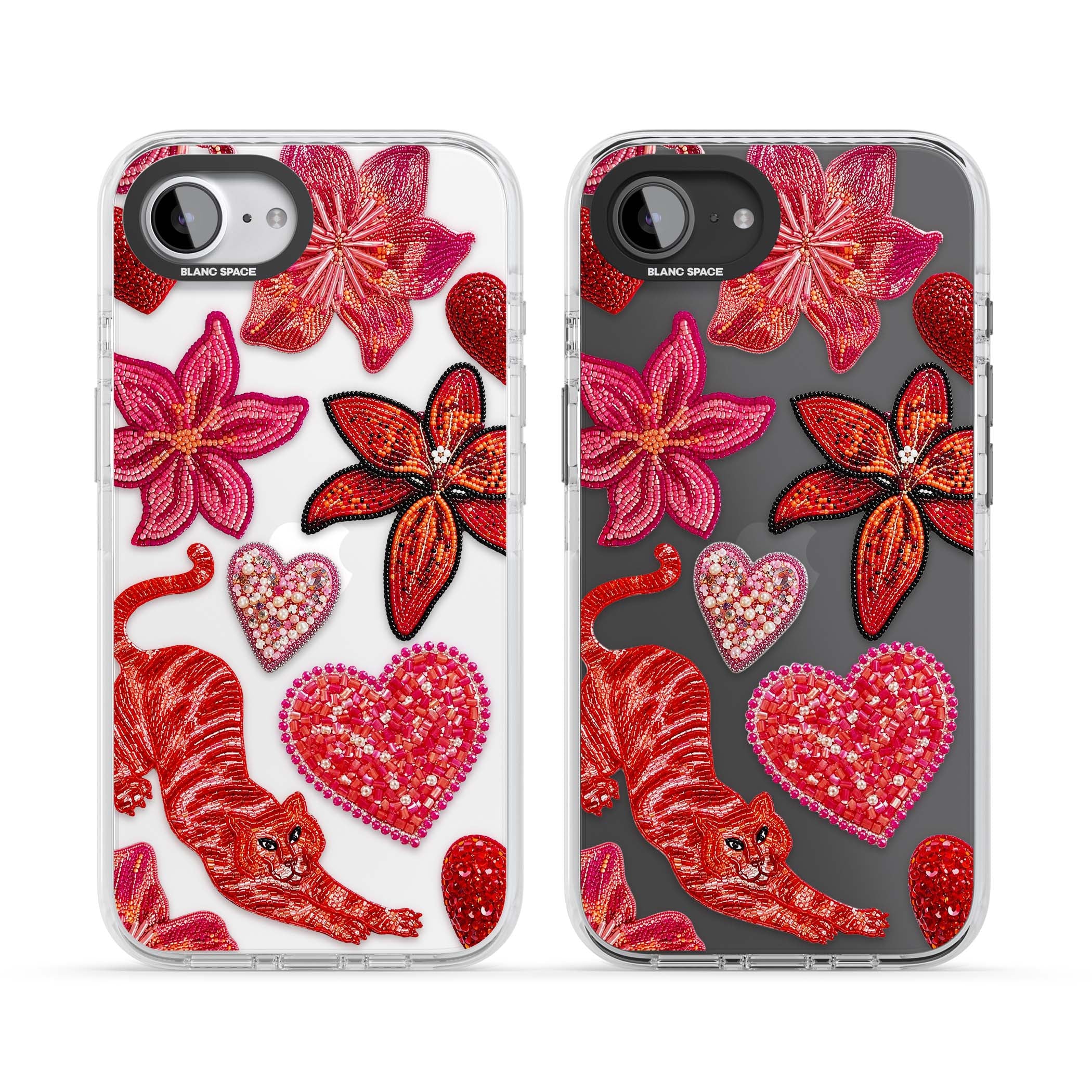 Beaded Boho floral iPhone case featuring beaded red lilies, a stitched tiger, and pearl-encrusted hearts on clear | Clear Impact case for iPhone 16e, iPhone 17e