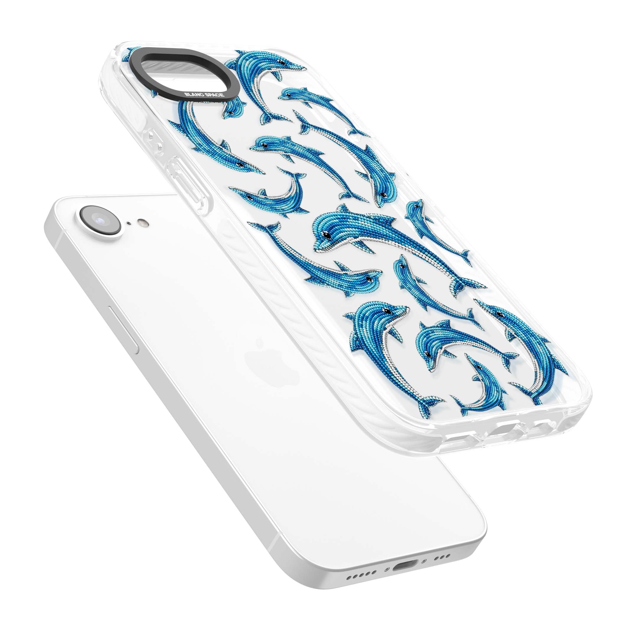 Beaded Dolphins coastal iPhone case featuring beaded dolphins in blue and white swimming across a clear background | Clear Impact case for iPhone 16e, iPhone 17e