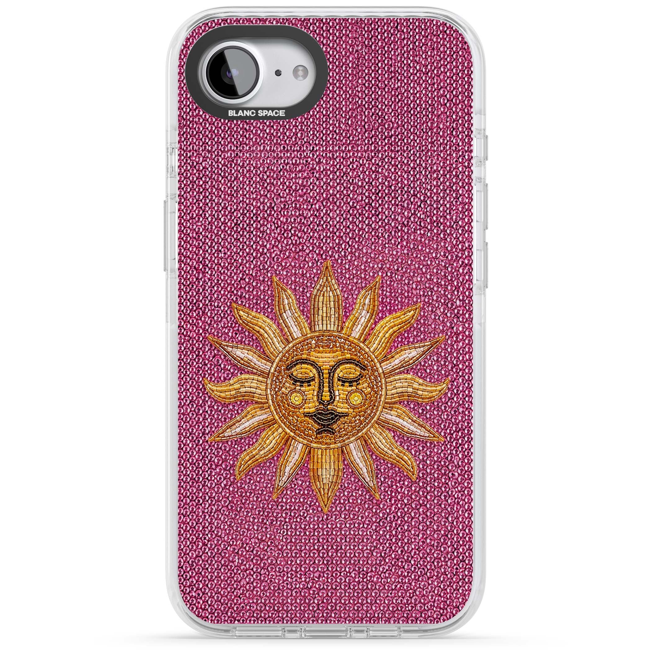 Beaded Sun celestial iPhone case featuring a golden beaded sun face with radiant rays on hot pink beaded background | Clear Impact case for iPhone 16e, iPhone 17e