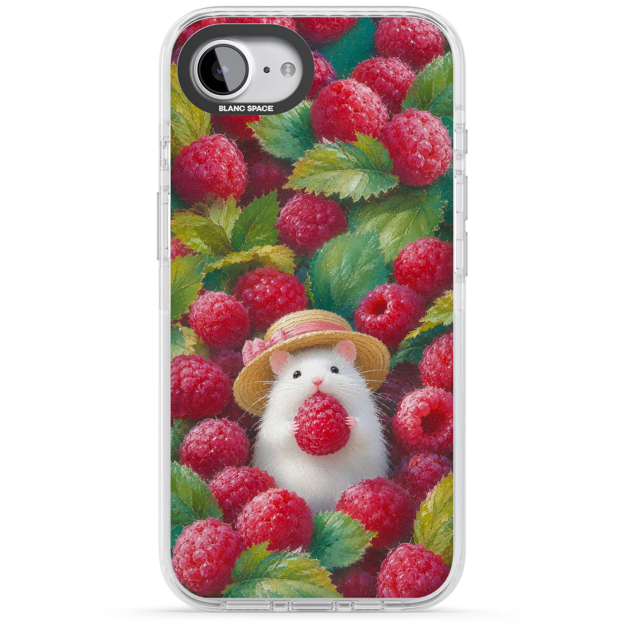 Berry Forager cottagecore iPhone case featuring a white hamster in a straw hat holding a raspberry surrounded by ripe ber | Clear Impact case for iPhone 16e, iPhone 17e
