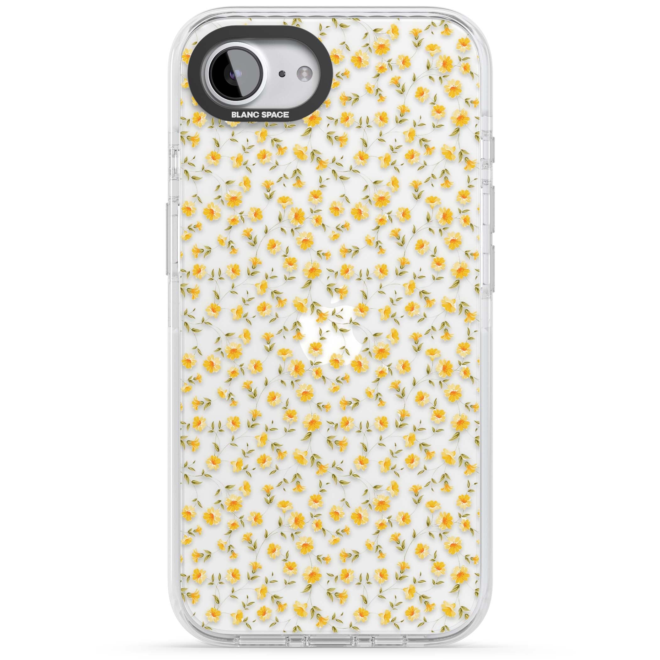 Buttercup wildflower iPhone case featuring tiny yellow flowers and trailing green vines on clear | Clear Impact case for iPhone 16e, iPhone 17e