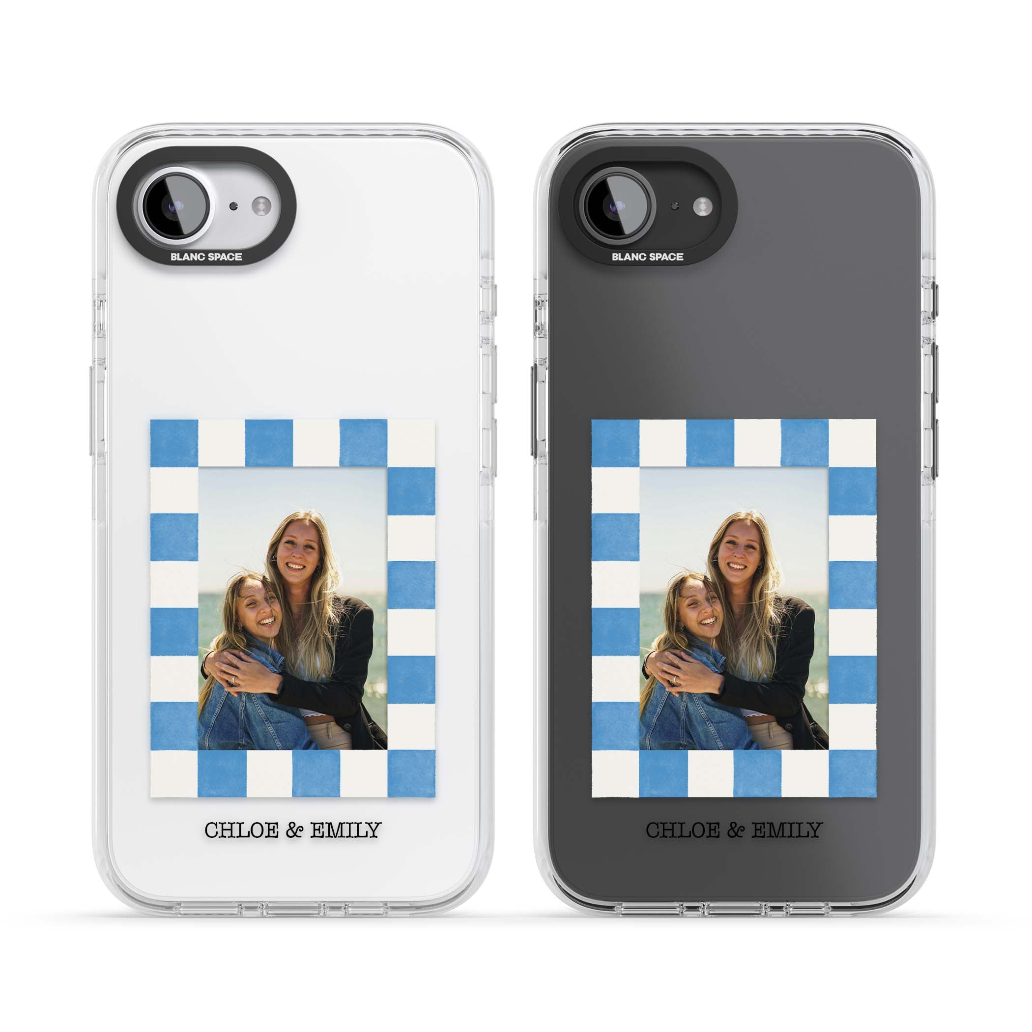 Blue Check Photo personalised photo iPhone case with blue checkered frame and custom couple names | Clear Impact case for iPhone 16e, iPhone 17e