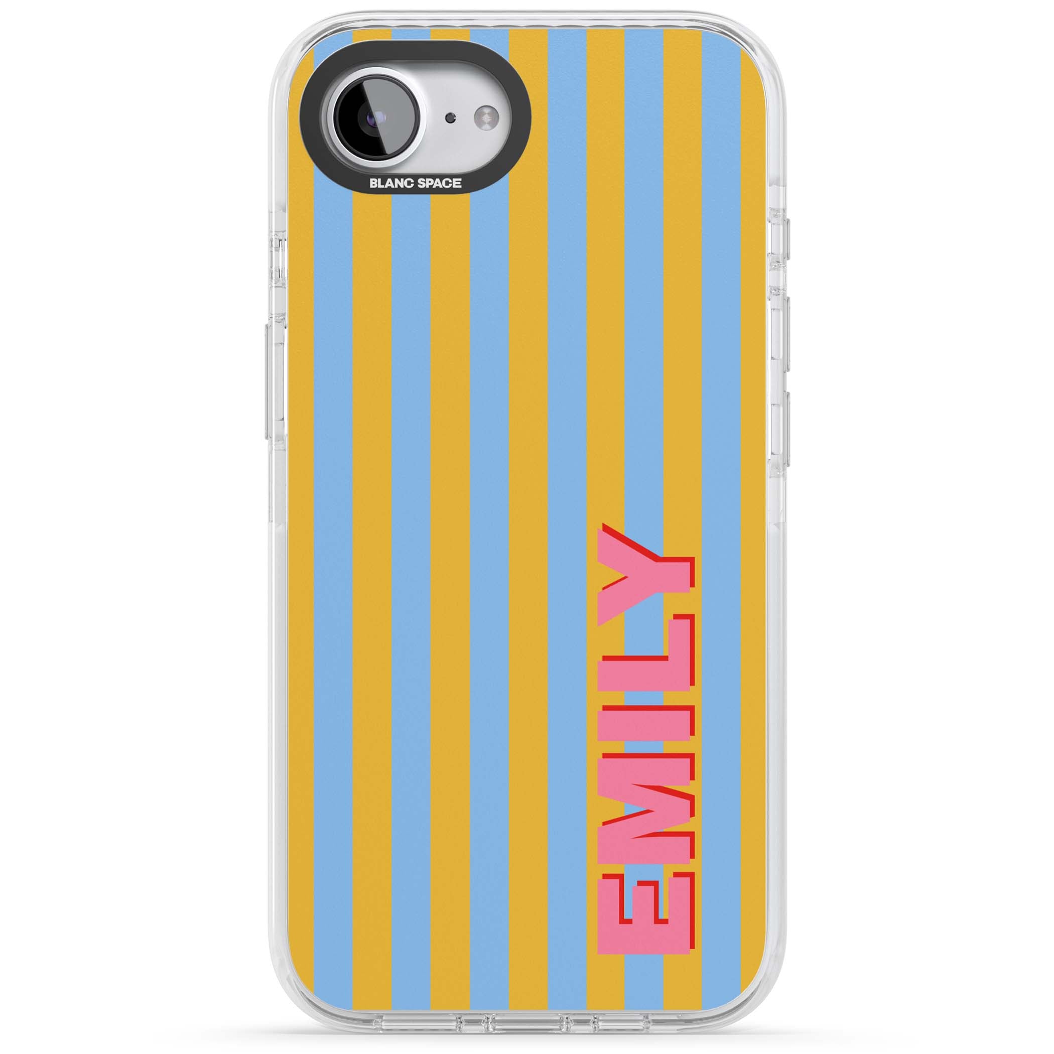 Carribean Stripe personalised coastal iPhone case with yellow and blue vertical stripes and a custom pink name | Clear Impact case for iPhone 16e, iPhone 17e
