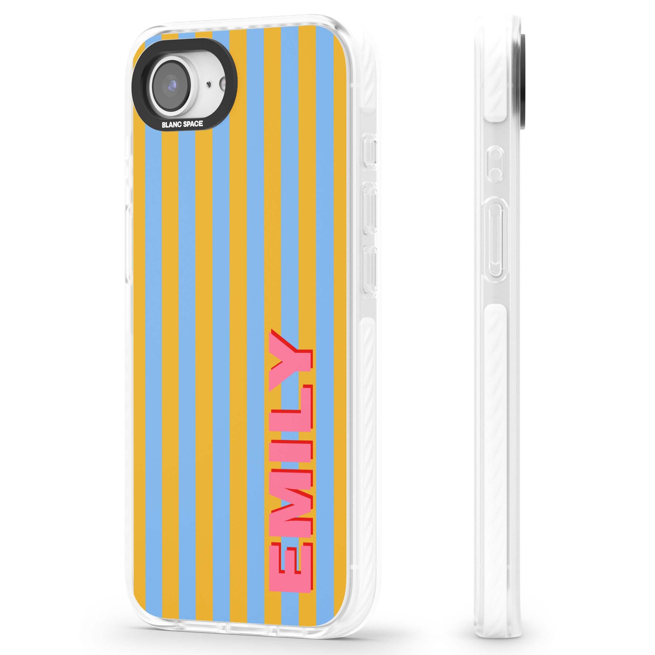 Carribean Stripe personalised coastal iPhone case with yellow and blue vertical stripes and a custom pink name | Clear Impact case for iPhone 16e, iPhone 17e