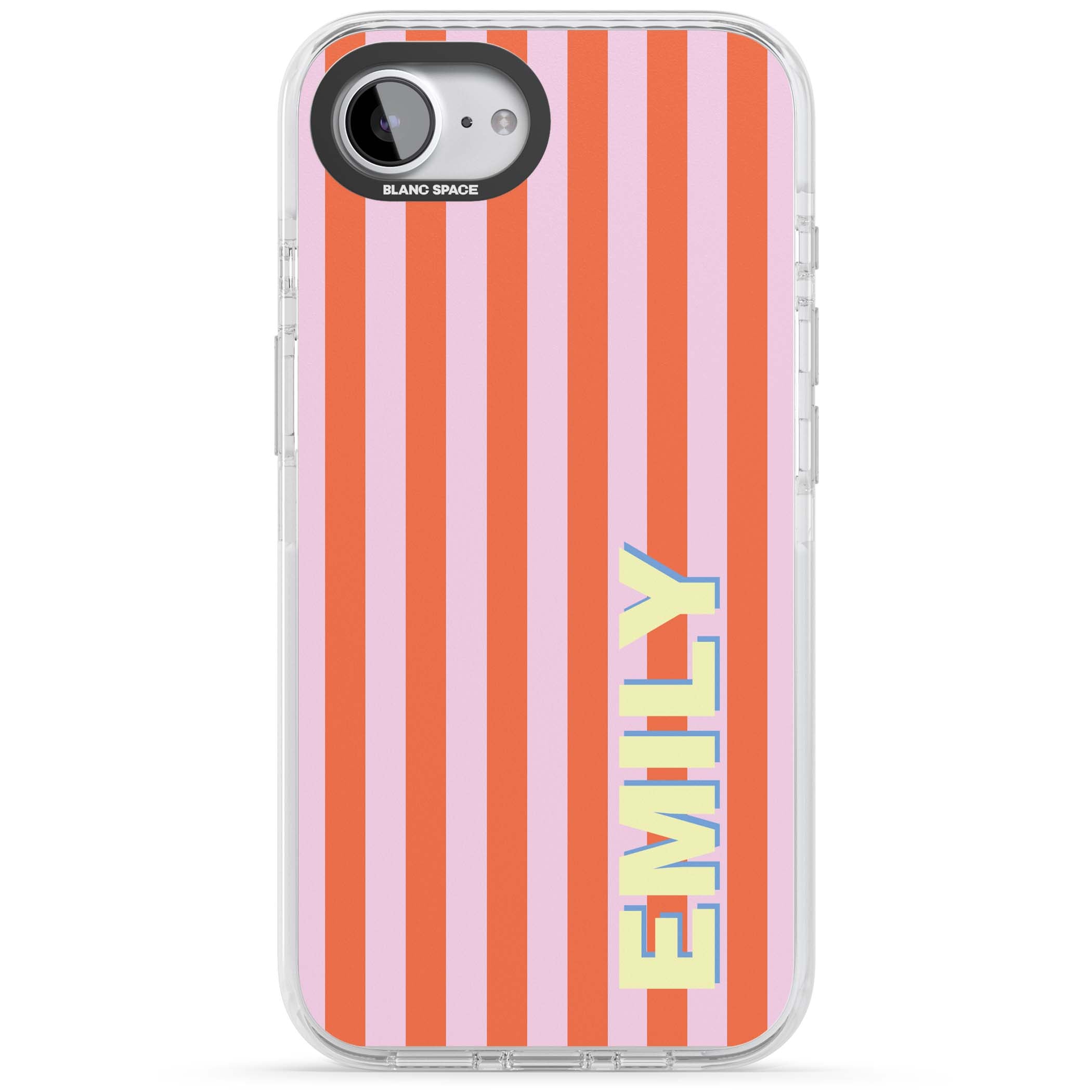 Havana Stripe personalised iPhone case featuring pink and orange vertical stripes with a custom yellow name | Clear Impact case for iPhone 16e, iPhone 17e