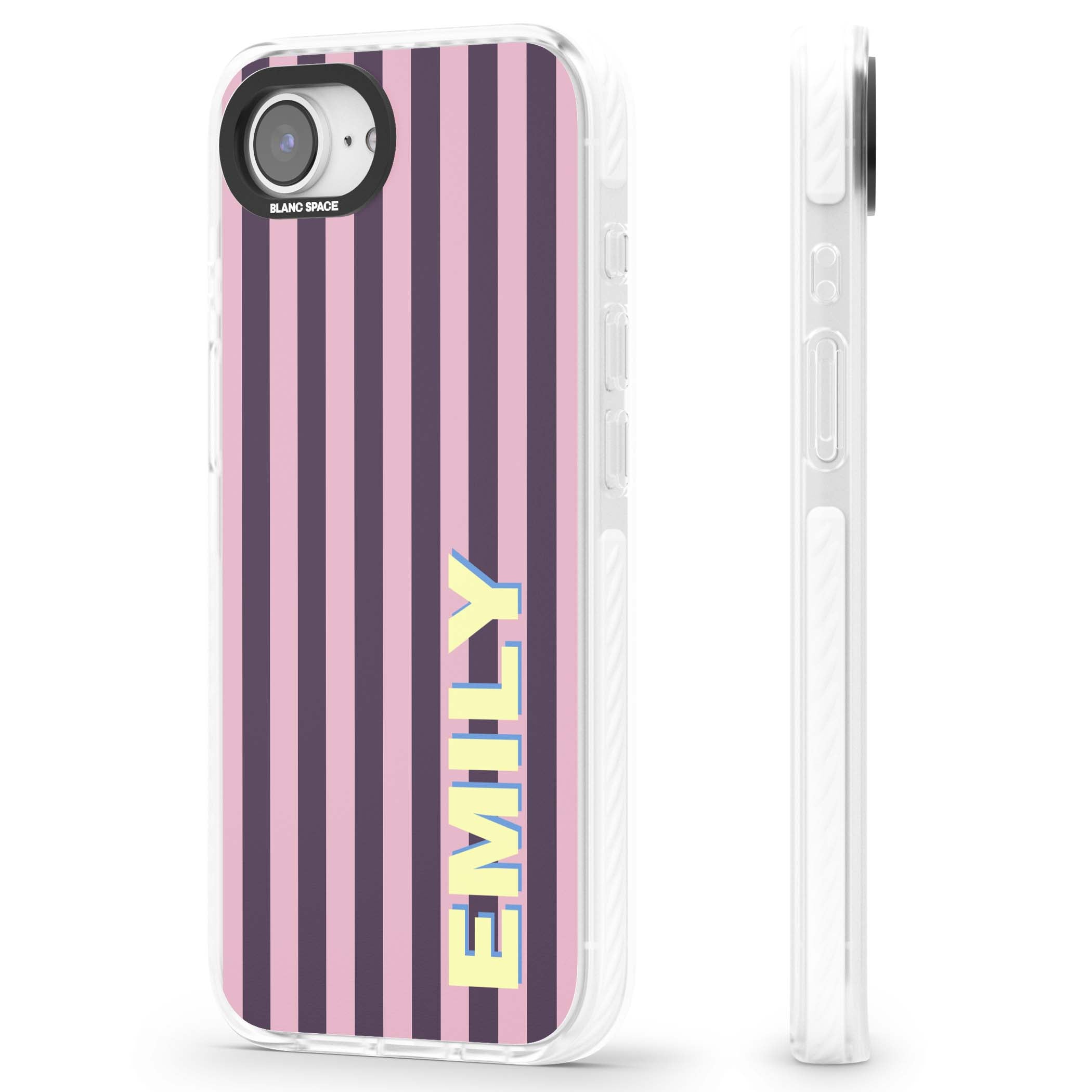 Tyre Stripe personalised stripe iPhone case with plum and pink vertical stripes and custom yellow name | Clear Impact case for iPhone 16e, iPhone 17e