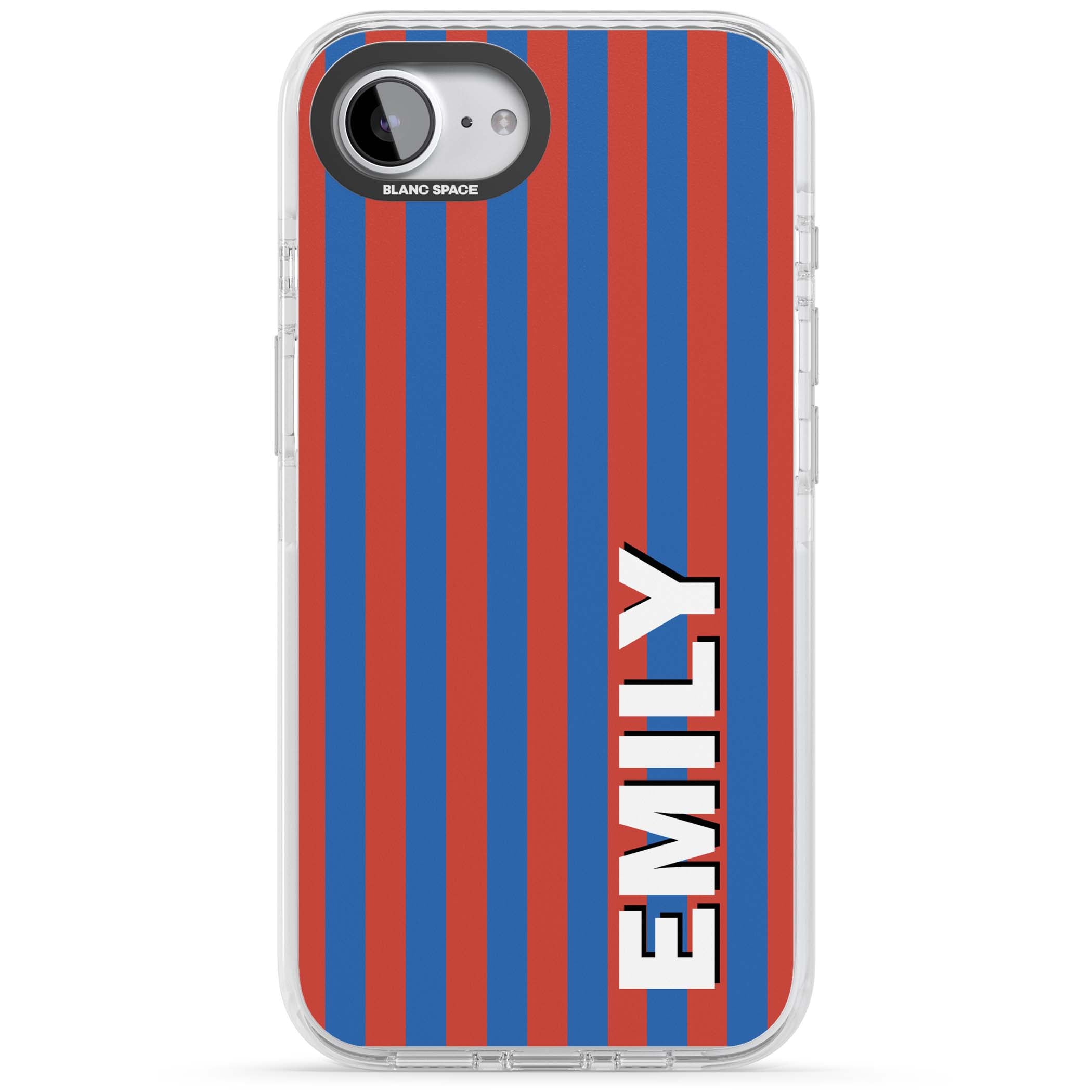 Cuban Stripe personalised iPhone case featuring red and blue vertical stripes with custom name in bold white letters | Clear Impact case for iPhone 16e, iPhone 17e