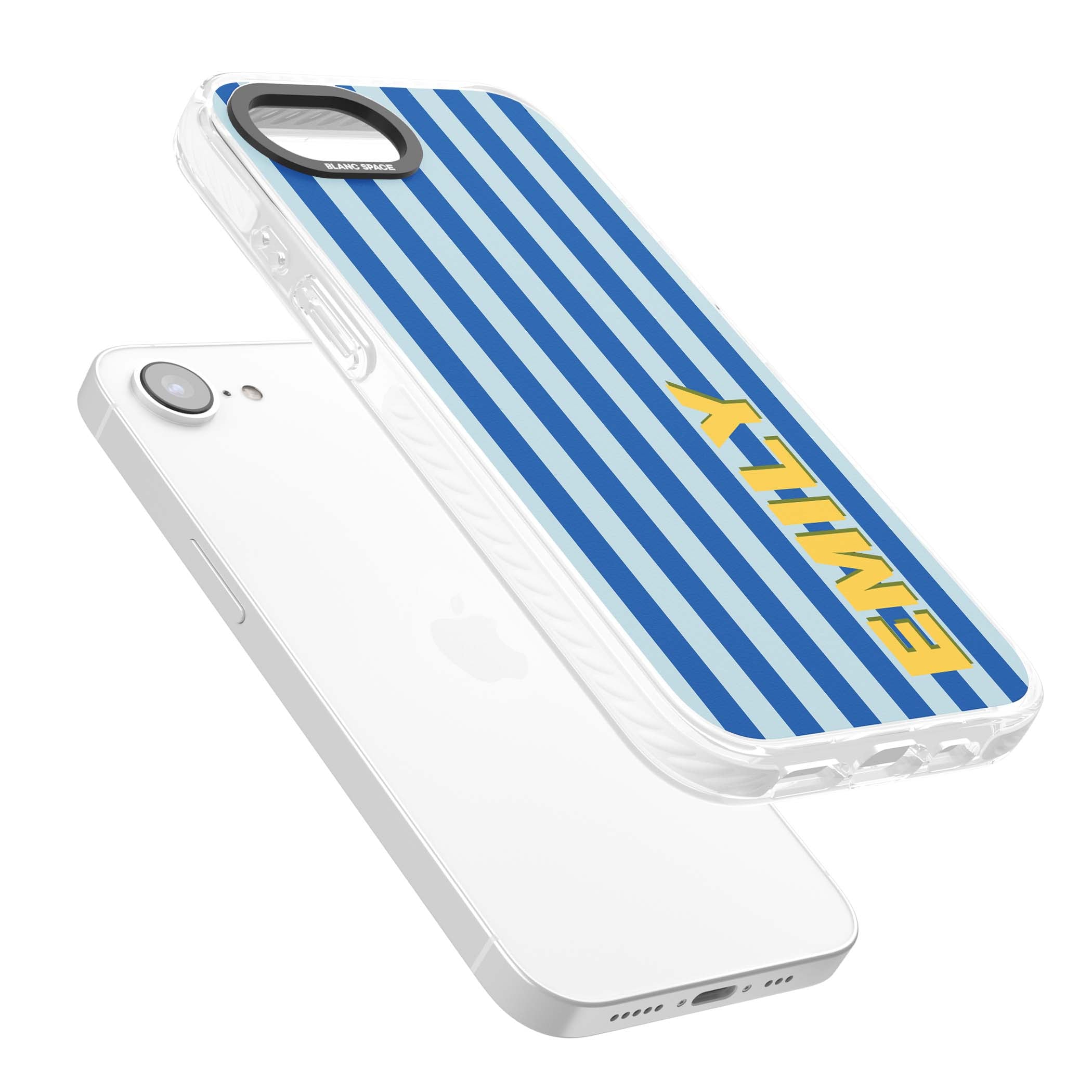Athenian Stripe personalised preppy iPhone case featuring blue vertical stripes and a custom yellow name | Clear Impact case for iPhone 16e, iPhone 17e