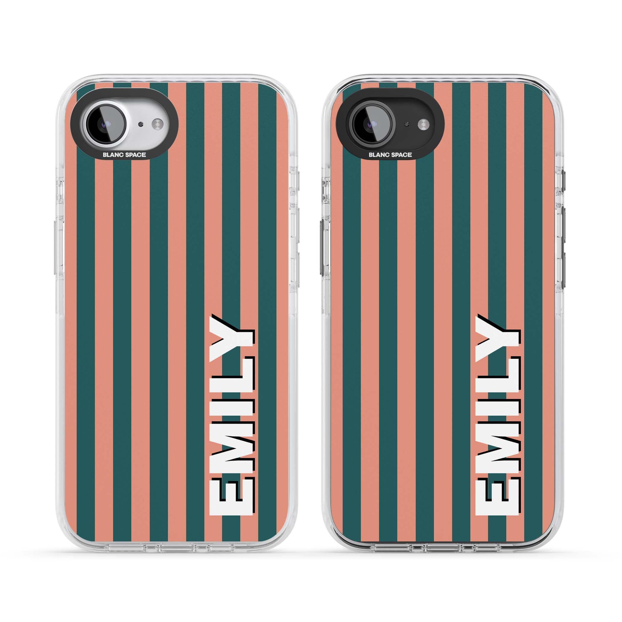 Tuscan Stripe personalised iPhone case featuring coral and green vertical stripes with bold custom name | Clear Impact case for iPhone 16e, iPhone 17e