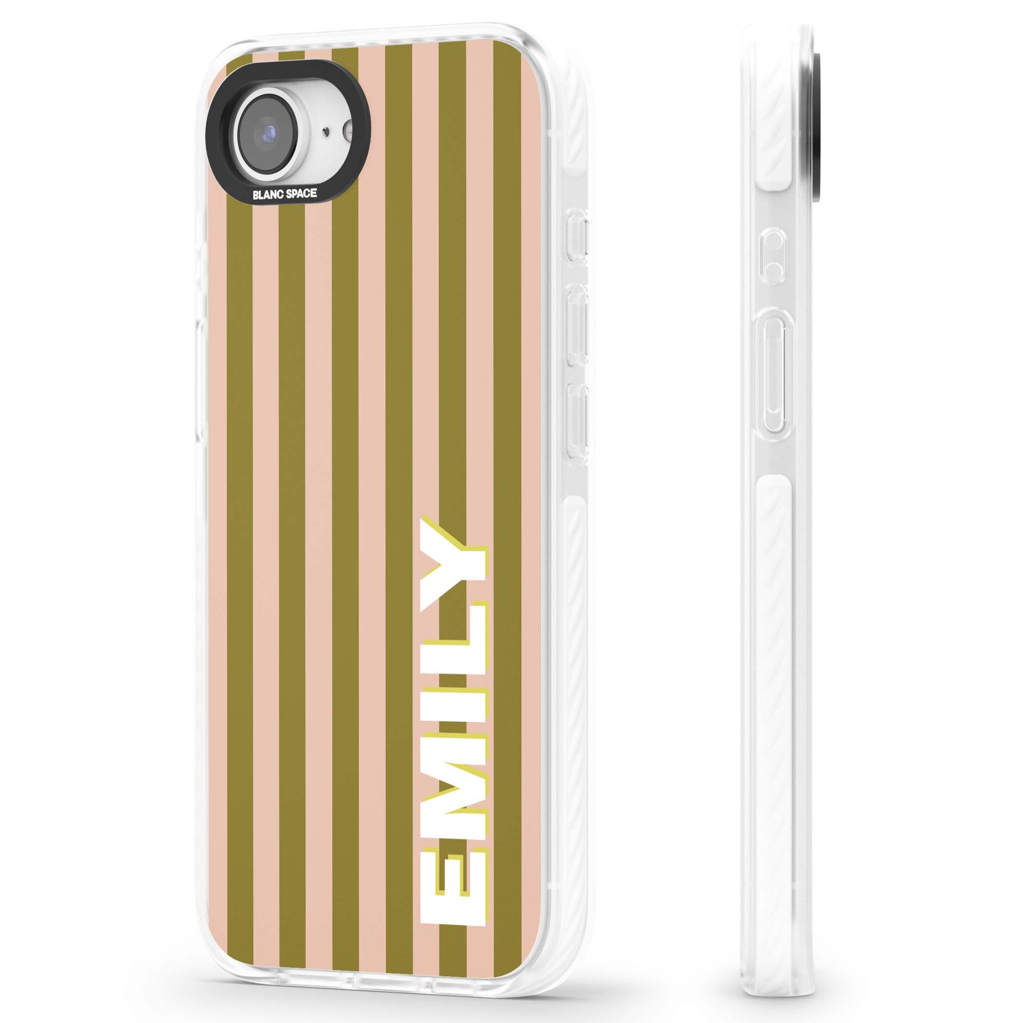 Indian Stripe personalised iPhone case featuring olive green and blush pink vertical stripes with custom name in whit | Clear Impact case for iPhone 16e, iPhone 17e