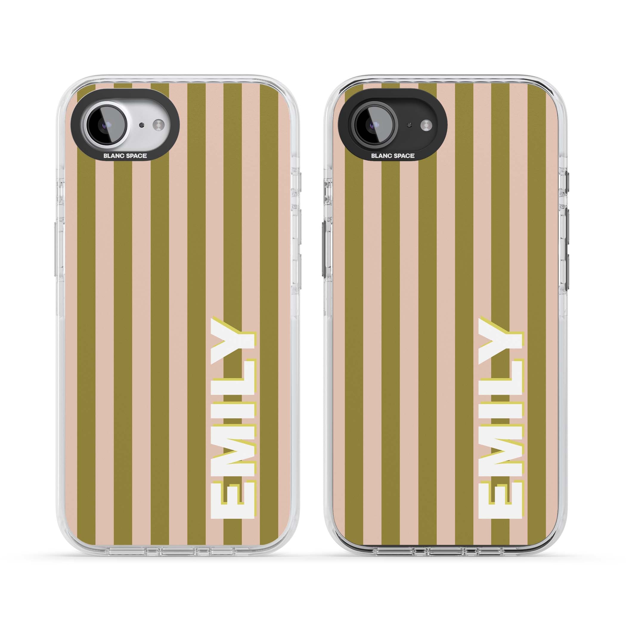Indian Stripe personalised iPhone case featuring olive green and blush pink vertical stripes with custom name in whit | Clear Impact case for iPhone 16e, iPhone 17e